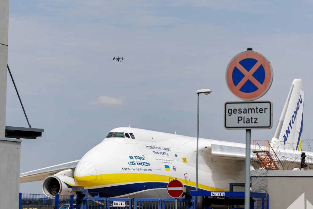 LEIPZIG, GERMANY - AUGUST 5: A police drone takes off next to Ukrainian Antonov cargo plane at Leipzig/Halle Airport on August 5, 2026 near Leipzig, Germany. Airport workers reportedly discovered a drone yesterday on the tarmac near an Antonov at the airport that was equipped with an explosives detonator and an unidentified substance. Additionally, a DHL cargo plane that took off from the airport late last night collided with a small object, causing minor damage. (Photo by Jens Schlueter/Getty Images)