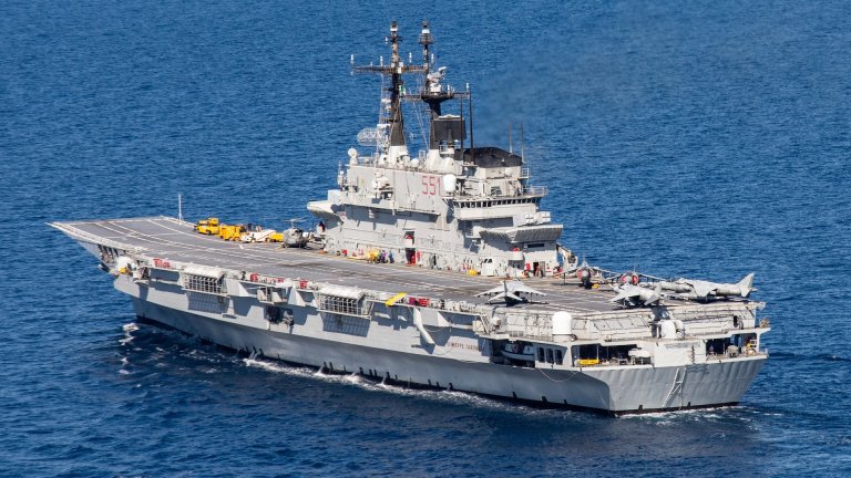 May 02, 2019 - Mediterranean Sea - Italian Aircraft Carrier Giuseppe Garibaldi in mediterranean sea engaged in the exercise Mare Aperto 2019-1, an Italian multilateral maritime warfare exercise designed to promote interoperability and proficiency, in 2019 joined by 40 ships and 5 submarines from the navies of Canada, France, England, the Netherlands, Portugal, Spain and the United States