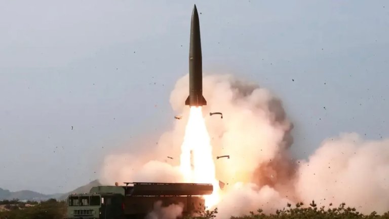 A picture North Korea released of a test of a KN-23 missile in 2019.