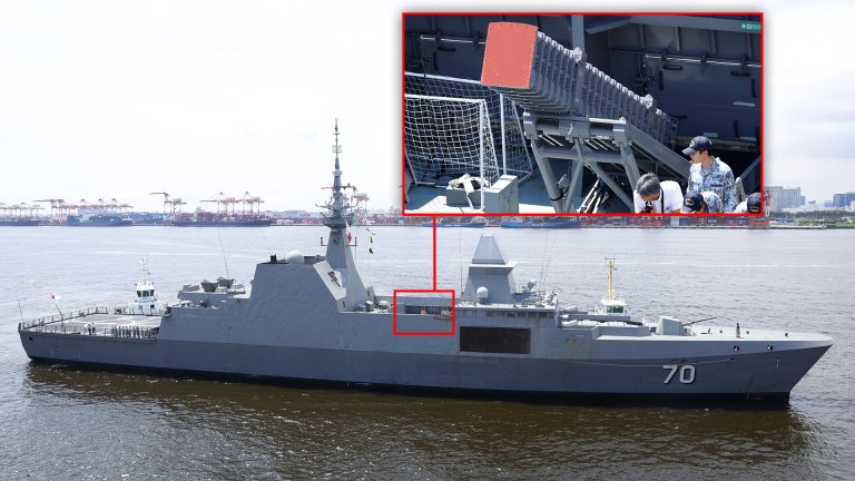 The container for the missile is clearly visible aboard Steadfast, the third ship of Singapore’s six Formidable class frigates, offering what is believed to be the first publicly available photographic evidence of the weapon actually fitted to one of the ships.