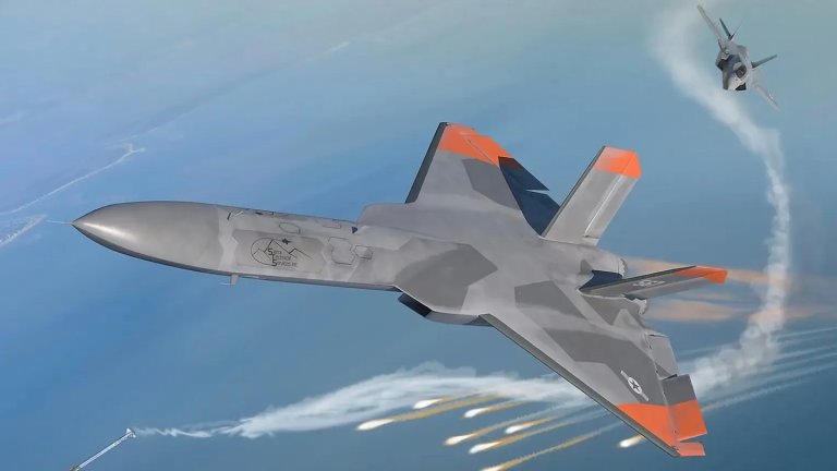 A rendering of a 5GAT drone dueling with an F-35 Joint Strike Fighter. The drone appears to have released countermeasure flares to help evade an AIM-9X Sidewinder missile fired by the F-35.