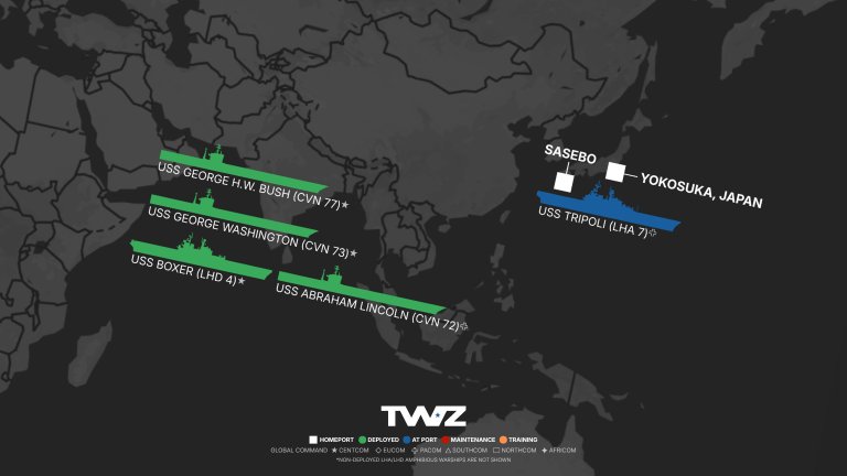 TWZ’s weekly carrier tracker monitoring America’s flattop fleet, including deployed Carrier Strike Groups (CSG) and Amphibious Ready Groups (ARG)