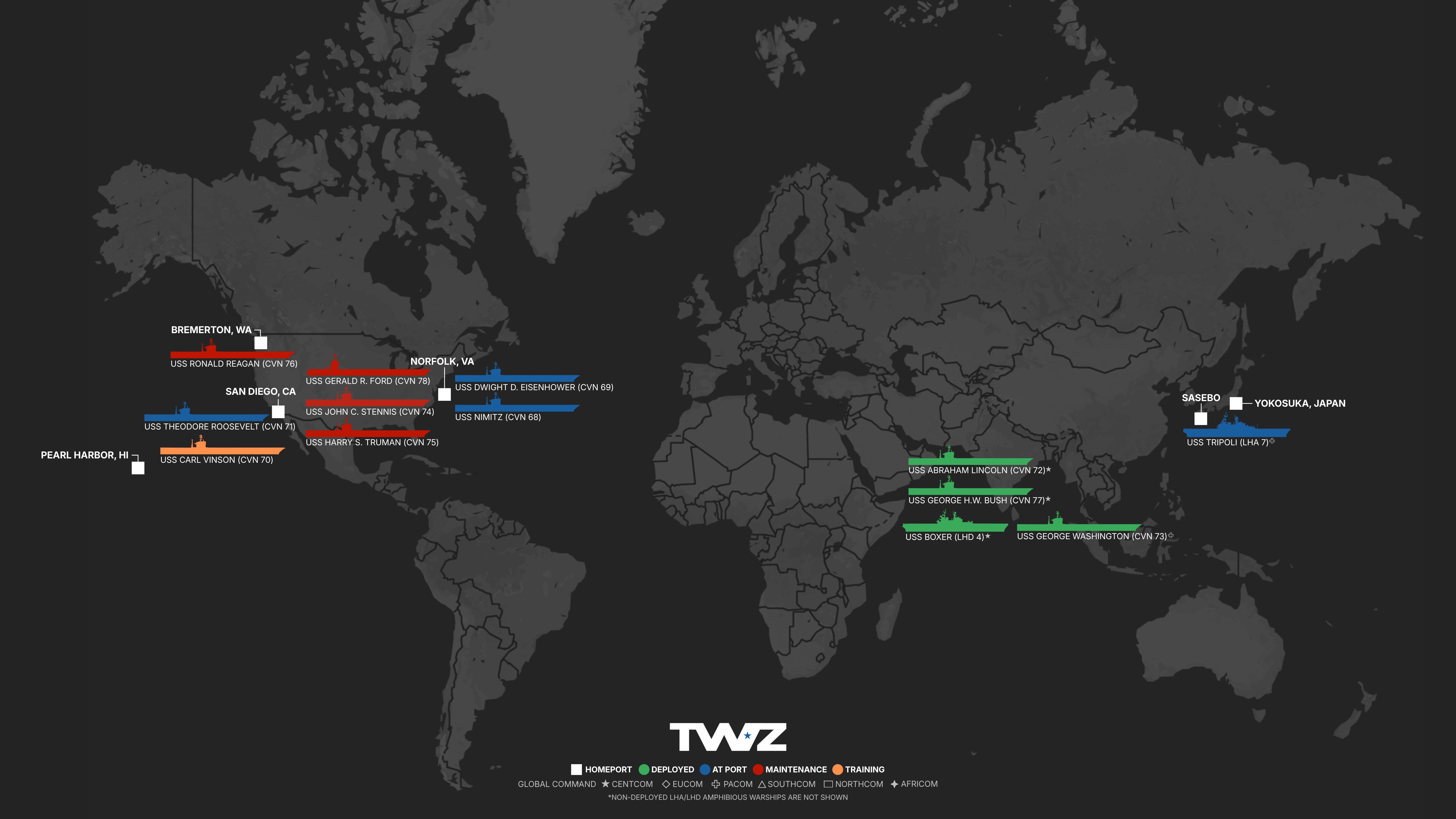 TWZ’s weekly carrier tracker monitoring America’s flattop fleet, including deployed Carrier Strike Groups (CSG) and Amphibious Ready Groups (ARG)