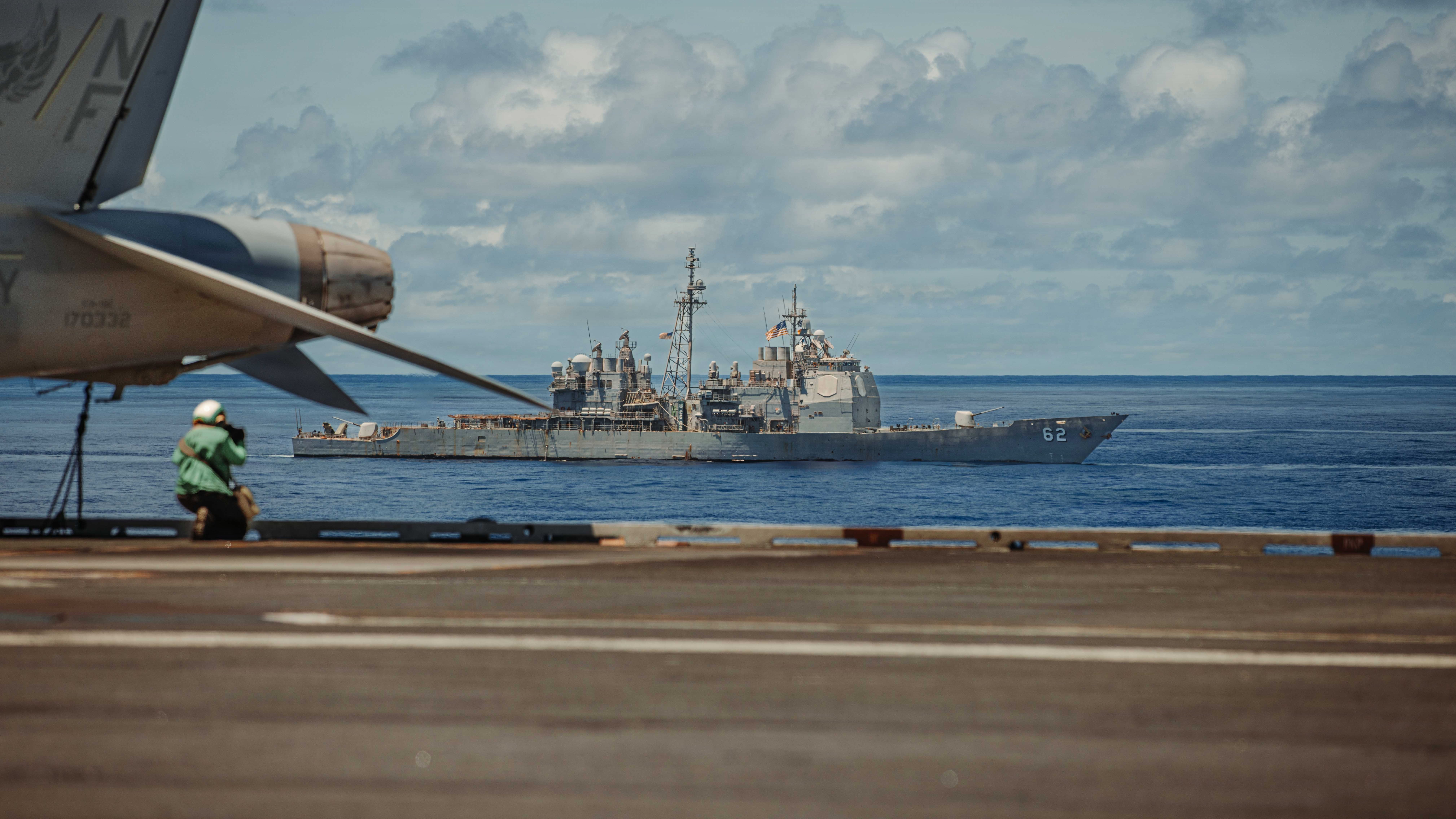 USS George Washington Carrier Strike Group sails in formation with Japan Maritime Self-Defense Force as part of Valiant Shield 2026 while underway in the Philippine Sea, June 21, 2026. U.S. Navy participants include Nimitz-class aircraft carrier USS George Washington (CVN 73), Ticonderoga-class guided-missile cruiser USS Robert Smalls (CG 62), Arleigh Burke-class guided-missile destroyers USS Shoup (DDG 86) and USS Benfold (DDG 65), and Virginia-class fast-attack submarine USS Minnesota (SSN 783). Japan Maritime Self-Defense Force participants include JS Kaga (DDH 184), JS Fuyuzuki (DD 118), and JS Jingei (SS 515). Valiant Shield is a biennial, multilateral field training exercise conducted by the U.S. Armed Forces and partner nations in the Western Pacific focusing on joint, cross-combatant integration operating seamlessly across sea, air, land, and cyberspace. Exercises like Valiant Shield allow U.S. Pacific Command the opportunity to integrate forces from all branches of service and with our allies to conduct precise, lethal, and overwhelming multi-domain effects that demonstrate the strength and versatility of the Joint Force and our commitment to a free and open Indo-Pacific. (U.S. Navy photo by Mass Communication Specialist 3rd Class Nicolas Quezada)