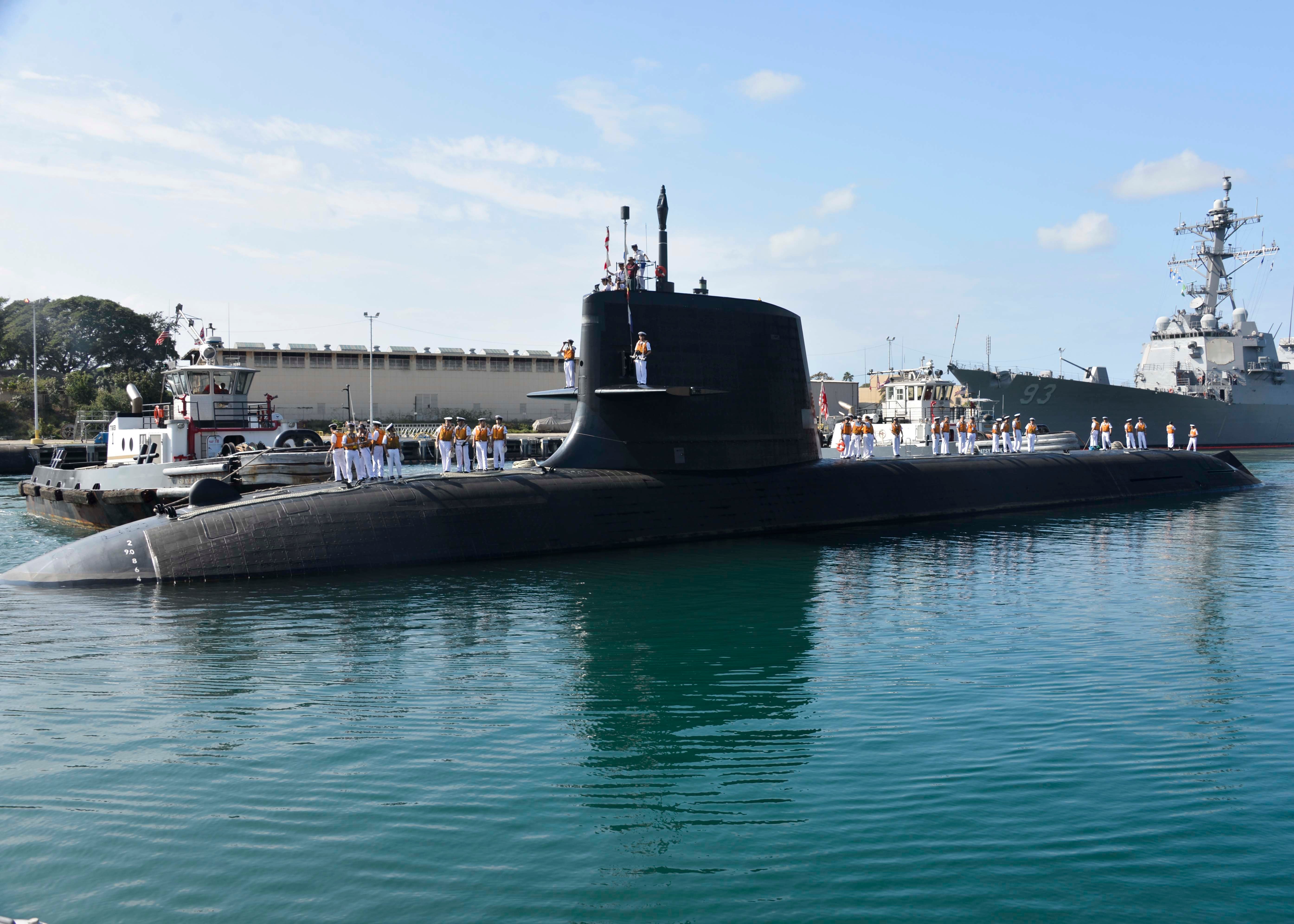 150227-N-DB801-126 - PEARL HARBOR, Hawaii - (Feb. 27, 2015) - The Japan Maritime Self-Defense Force (JMSDF) submarine JS Hakuryu (SS 503) arrives at the submarine piers of Joint Base Pearl Harbor-Hickam, Feb. 27. While in port, the submarine's crew will conduct various training evolutions, continue to build positive relationships with the United States and have the opportunity to enjoy the sights and culture of Hawaii. (U.S. Navy photo by Mass Communication Specialist 1st Class Steven Khor/Released)