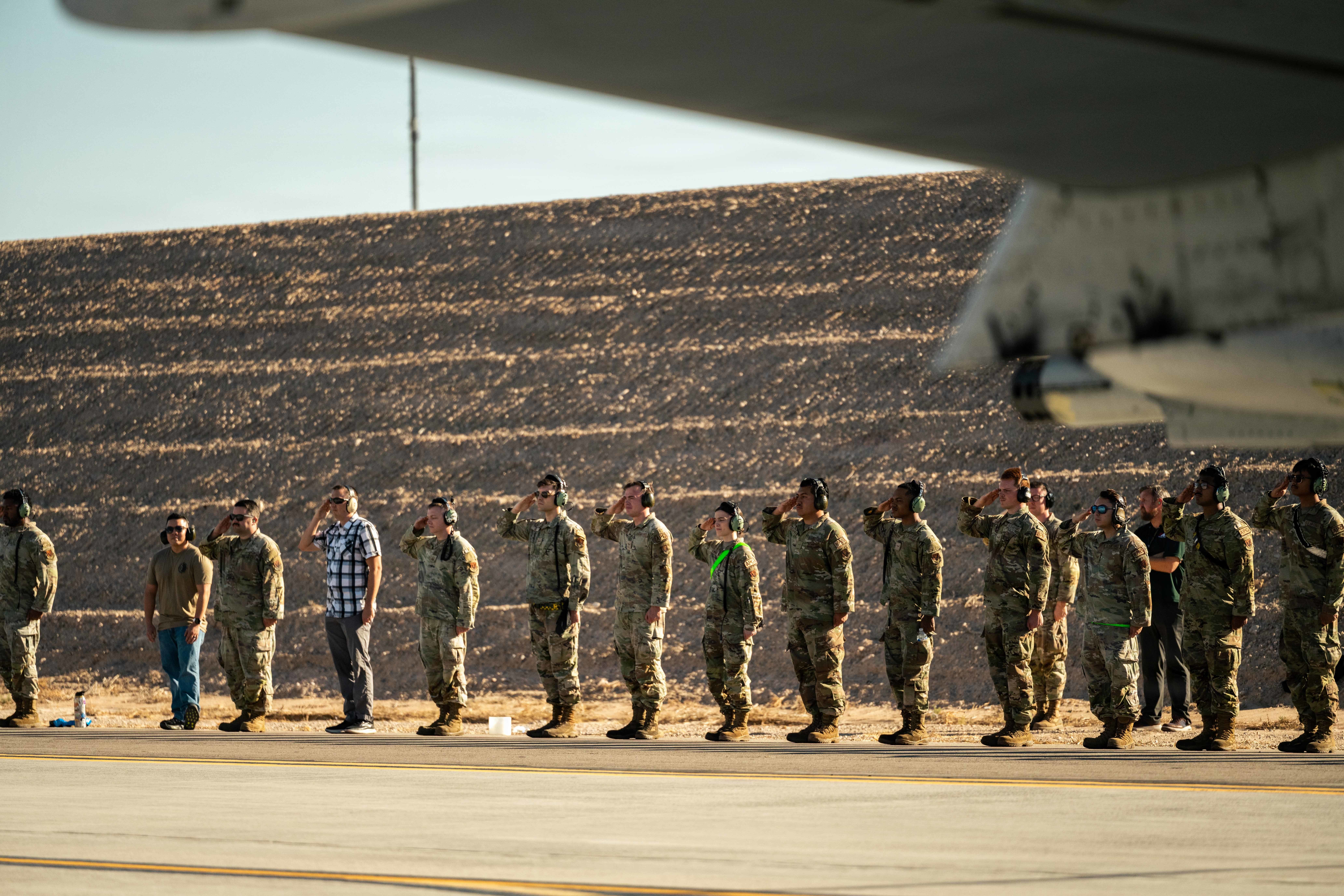 U.S. Airmen assigned to Nellis Air Force Base salute an A-10 Thunderbolt II aircraft at Nellis AFB, Nevada, Sept. 22, 2026. The flight marked the final departure of Nellis’ last A-10 and honored nearly half a century of close air support service and the maintainers, pilots, and support personnel who kept the fleet mission-ready. (U.S. Air Force photo by Airman Annika Schermerhorn)