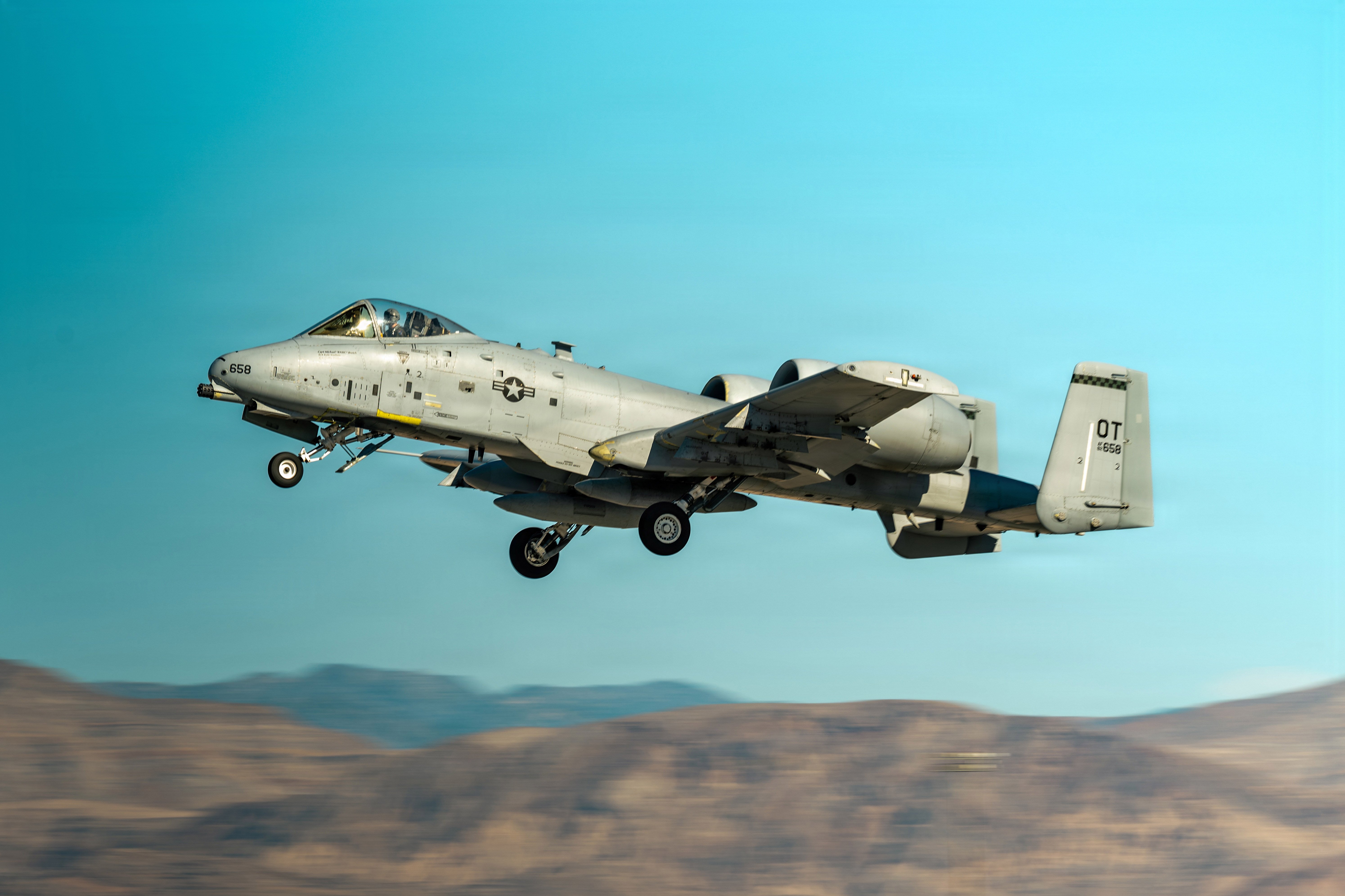 A U.S. Air Force A-10 Thunderbolt II aircraft takes off from Nellis Air Force Base, Nevada, Sept. 22, 2026. The flight marked the final departure of Nellis’ last A-10 and honored nearly half a century of close air support service and the maintainers, pilots, and support personnel who kept the fleet mission-ready. (U.S. Air Force photo by Airman Annika Schermerhorn)