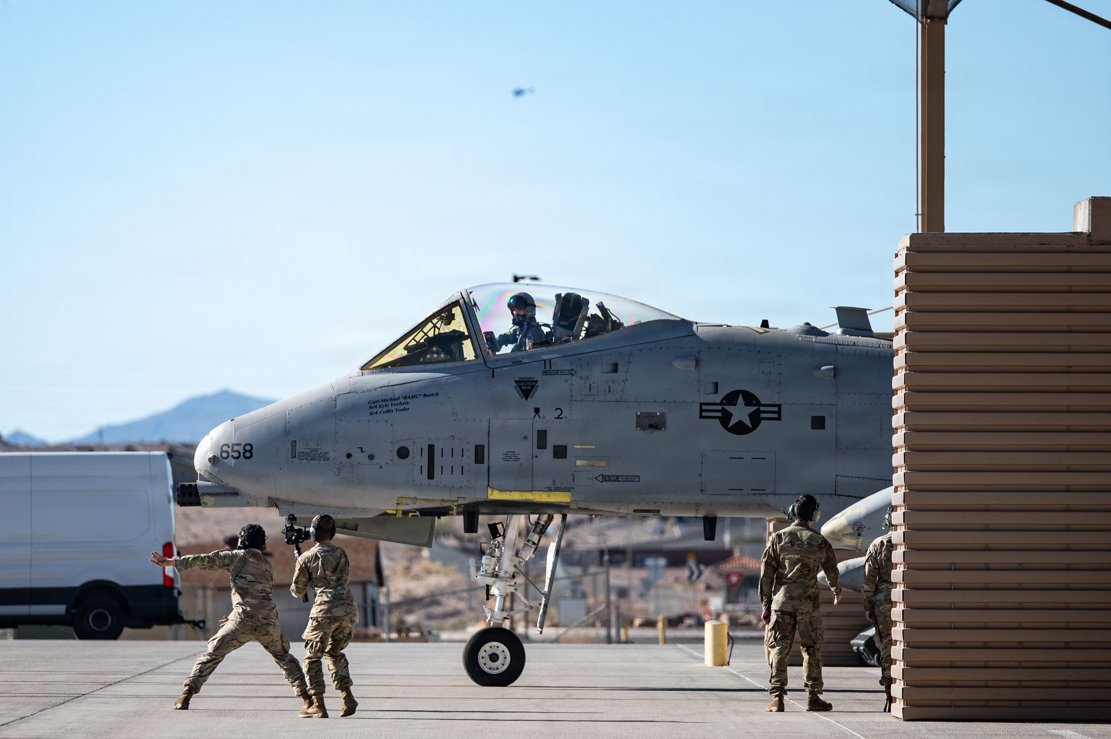 U.S. Air Force Maj. Kyle S. Adkinson, a weapons and tactics officer assigned to the Nevada Air National Guard’s 232nd Combat Training Squadron, taxis an A-10 Thunderbolt II aircraft at Nellis Air Force Base, Nevada, Sept. 22, 2026. The flight marked the final departure of Nellis’ last A-10 Thunderbolt II and honored nearly half a century of close air support service and the maintainers, pilots, and support personnel who kept the fleet mission-ready. (U.S. Air Force photo by Airman Isabella Borrillo)