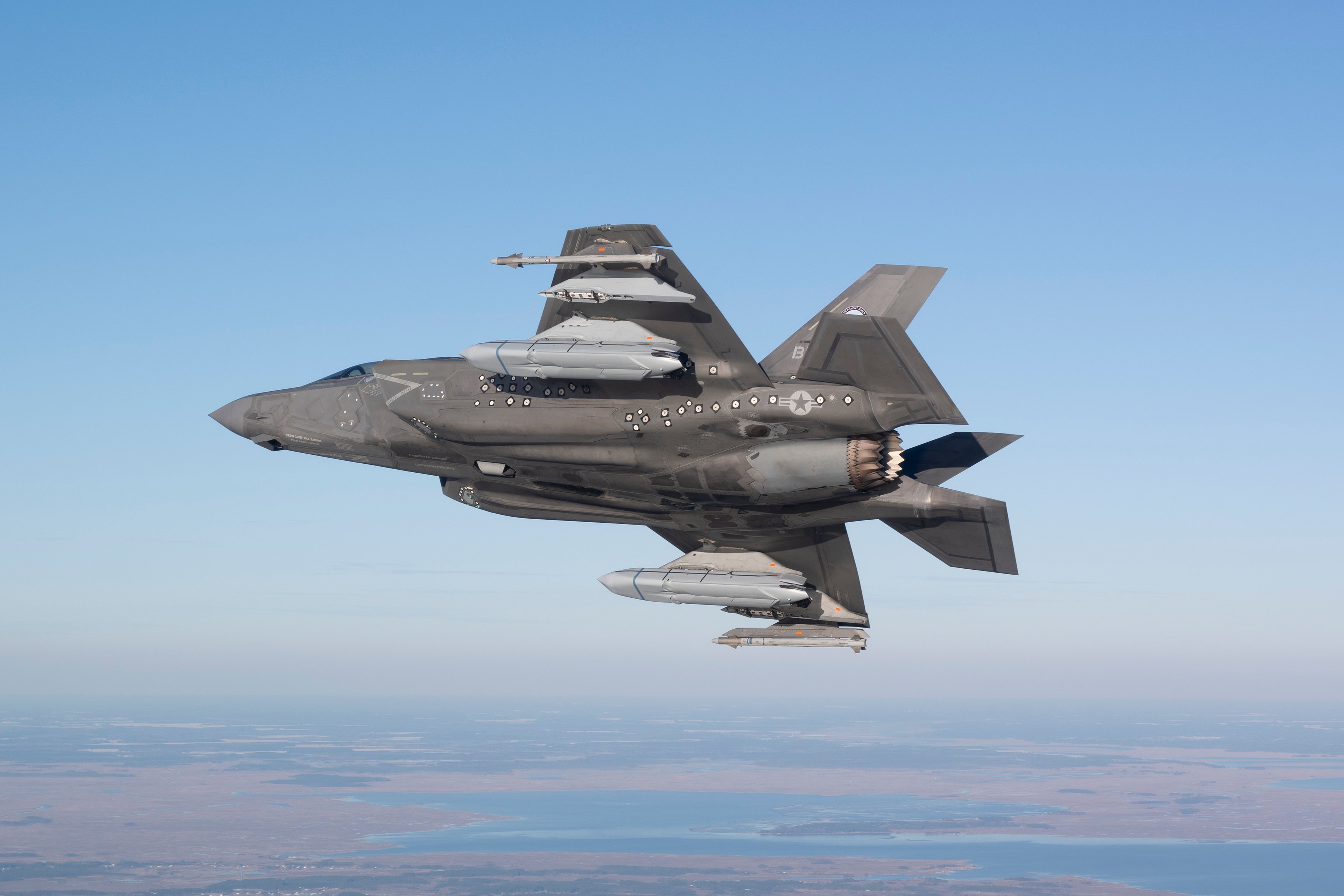 NAS PATUXENT RIVER, Md. -- An F-35 Lightning II test pilot conducts the first flight test to certify the F-35B short takeoff and vertical landing variant of the fighter aircraft for carrying the AGM-158C Long-Range Anti-Ship Missile (LRASM). As part of ongoing weapon integration efforts, the Pax River F-35 Integrated Test Force (Pax ITF) team for the first time flew test flights Jan. 14 with two AGM-158 loaded on external stations. LRASM is a defined near-term solution for the Offensive Anti-Surface Warfare (OASuW) air-launch capability gap that will provide flexible, long-range, advanced, anti-surface capability against high-threat maritime targets. The Pax River ITF’s mission is to effectively plan, coordinate, and conduct safe, secure, and efficient flight test for F-35B and C variants, and provide necessary and timely data to support program verification / certification and fleet operational requirements.