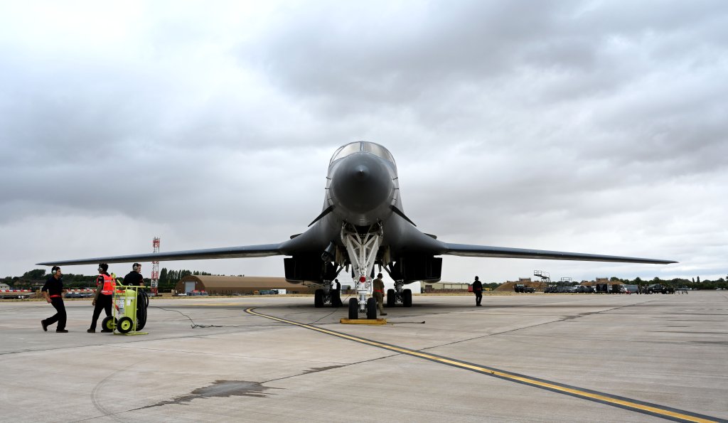 A U.S. Air Force B-1B Lancer assigned to the 37th Bomb Squadron, Ellsworth Air Force Base, S.D., arrives to participate in the Royal International Air Tattoo at Royal Air Force Fairford, England, July 15, 2025. The Lancer is slated to participate in RIAT, which has more than 80 aircraft are scheduled to attend from July 18-20, 2025. (U.S. Air Force photo by Tech. Sgt. Robert M. Trujillo)