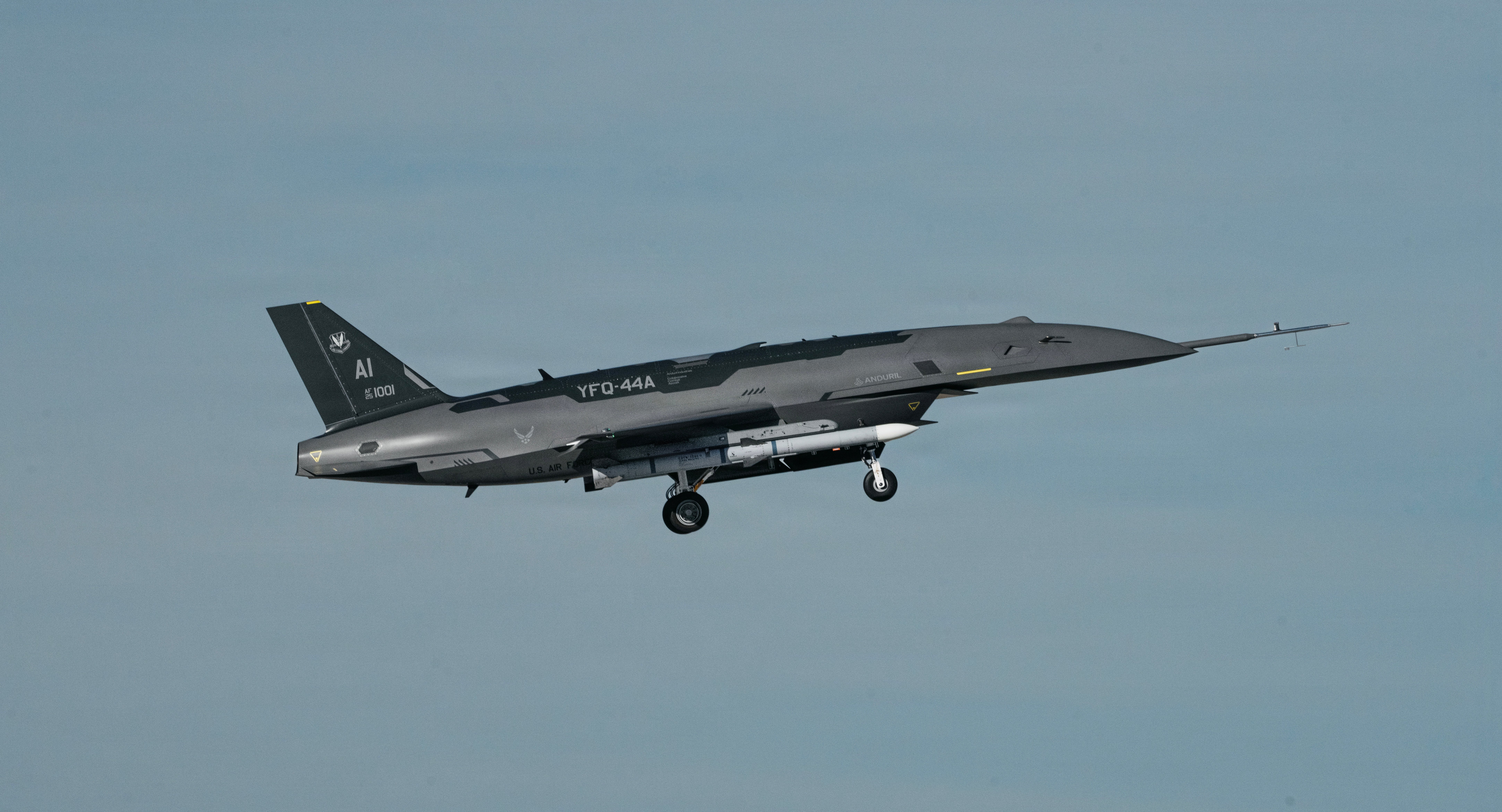A YFQ-44A, part of the Air Force’s Collaborative Combat Aircraft (CCA) program, undergoes an undated captive carry test at a California test location. This test phase uses inert munitions to methodically validate weapons integration, structural performance and safety, ensuring the platform can safely carry external stores. The CCA program is a critical part of a larger, integrated system-of-systems designed to extend the reach and effectiveness of crewed aircraft, giving U.S. warfighters an overwhelming advantage in future conflicts. (Courtesy photo)