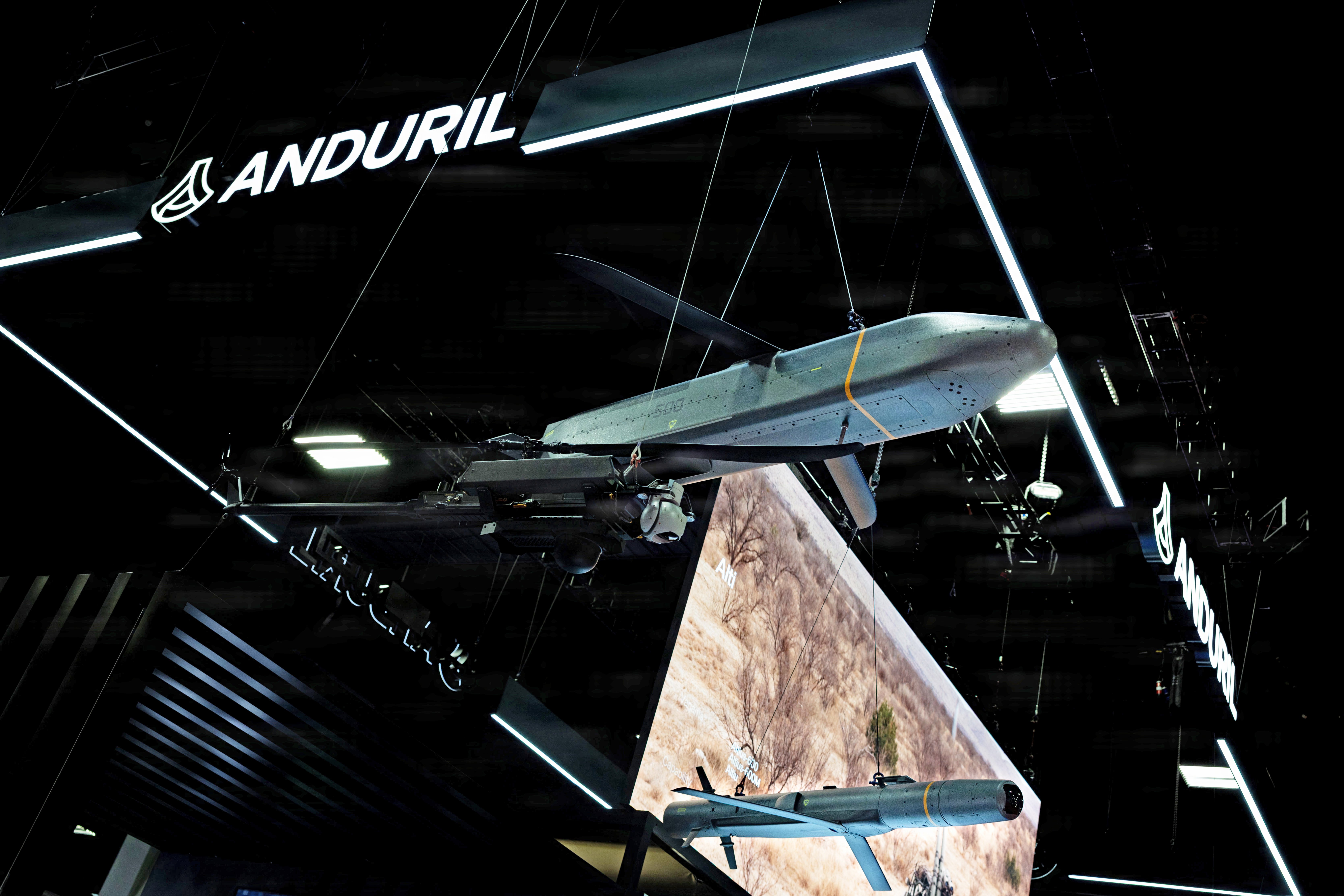 An Anduril Barracuda 500, top, and a Barracuda 100, autonomous aerial vehicles, are displayed during Modern Day Marine 2026 at the Walter E. Washington Convention Center, Washington, D.C., April 30, 2026. Modern Day Marine is a military exposition exclusively organized for the Marine Corps to showcase the newest technology and warfighting innovations from amphibious assault vehicles to drones and more. (U.S. Marine Corps photo by Cpl. Abigail Hutcheson)