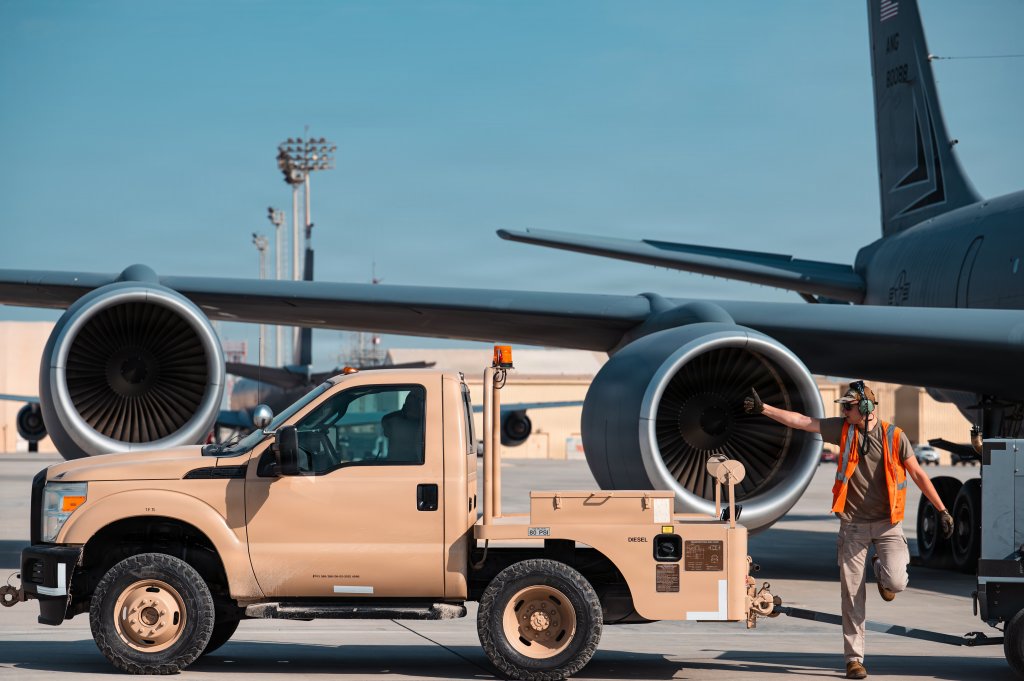 A U.S. Air Force maintainer performs preflight maintenance on a KC-135 Stratotanker refueling aircraft at a base in the Middle East, April 30, 2026. (U.S. Air Force photo by Master Sgt. James Cason)