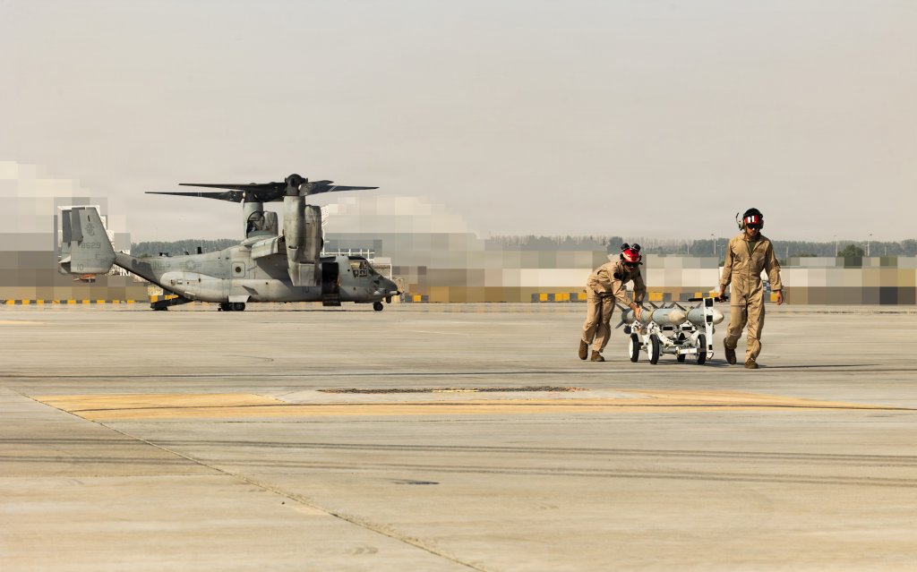 U.S. Marines with the 31st Marine Expeditionary Unit, transport aircraft ordinance to a forward arming and refueling point in the U.S. Central Command area of responsibility, May 26, 2026. (U.S. Marine Corps photo by Cpl. Maksim Masloboev)