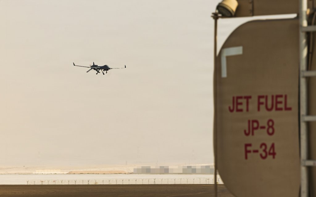 An MQ-9 Reaper drone lands at a forward arming and refueling point in the U.S. Central Command area of responsibility, May 26, 2026. (U.S. Marine Corps photo by Cpl. Maksim Masloboev)
