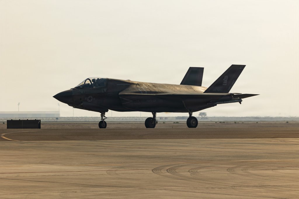 An F-35B Lightning II aircraft taxis to a forward arming and refueling point in the U.S. Central Command area of responsibility, May 26, 2026. (U.S. Marine Corps photo by Cpl. Maksim Masloboev)