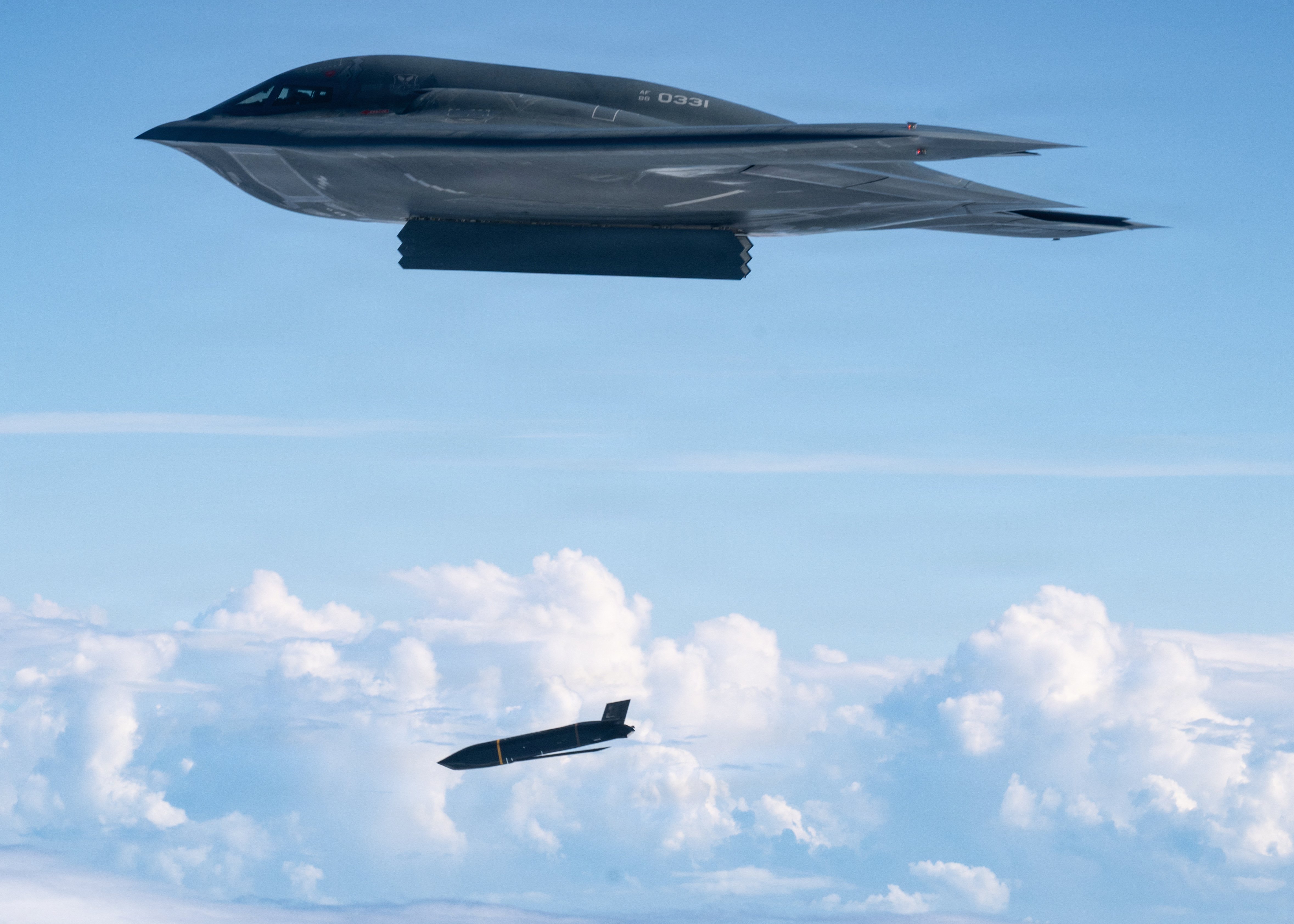 A U.S. Air Force B-2 Spirit Stealth Bomber, assigned to the 509th Bomb Wing, deploys an AGM-158C Long Range Anti-Ship Missile to support a live-fire sinking exercise as part of Valiant Shield 2026 over the Philippine Sea, June 27, 2026. The B-2 flew into the Mariana Island Range Complex to successfully employ the AGM-158C LRASM and demonstrated flexibility across the globe and hold maritime vessels at risk. (U.S. Air Force photo by Tech Sgt. Thomas Barley)