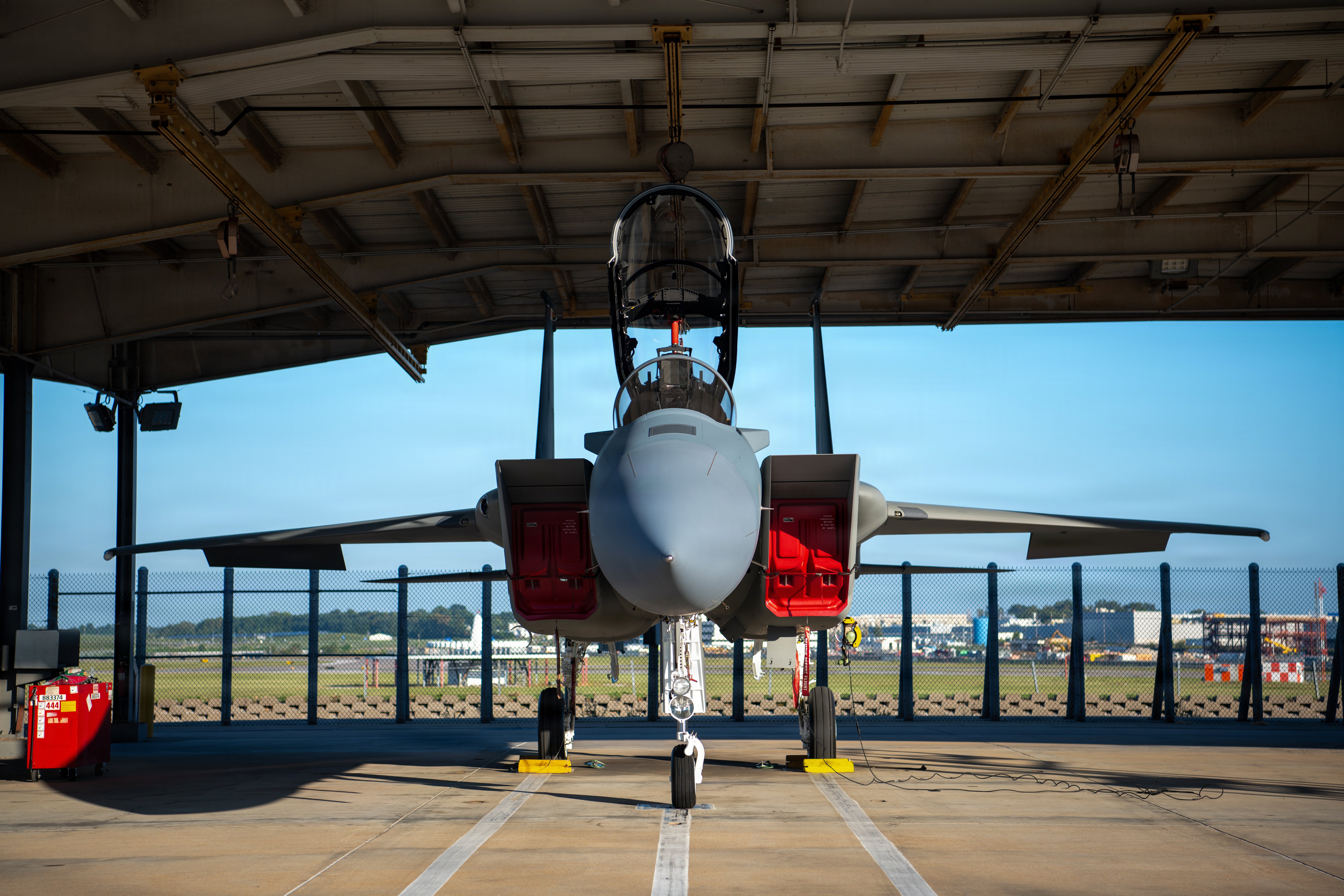 A U.S. Air Force F-15EX Eagle II designated for Kadena Air Base, Japan, departs Boeing’s St. Louis facility, Aug. 28, 2026, en route to Portland Air National Guard Base, Oregon. While in Portland, the aircraft will receive additional updates and preparations for its future stationing at Kadena. F-15EX aircraft are scheduled to begin arriving at Kadena in fiscal year 2027. (U.S. Air Force photo by Senior Airman Melany Bermudez)