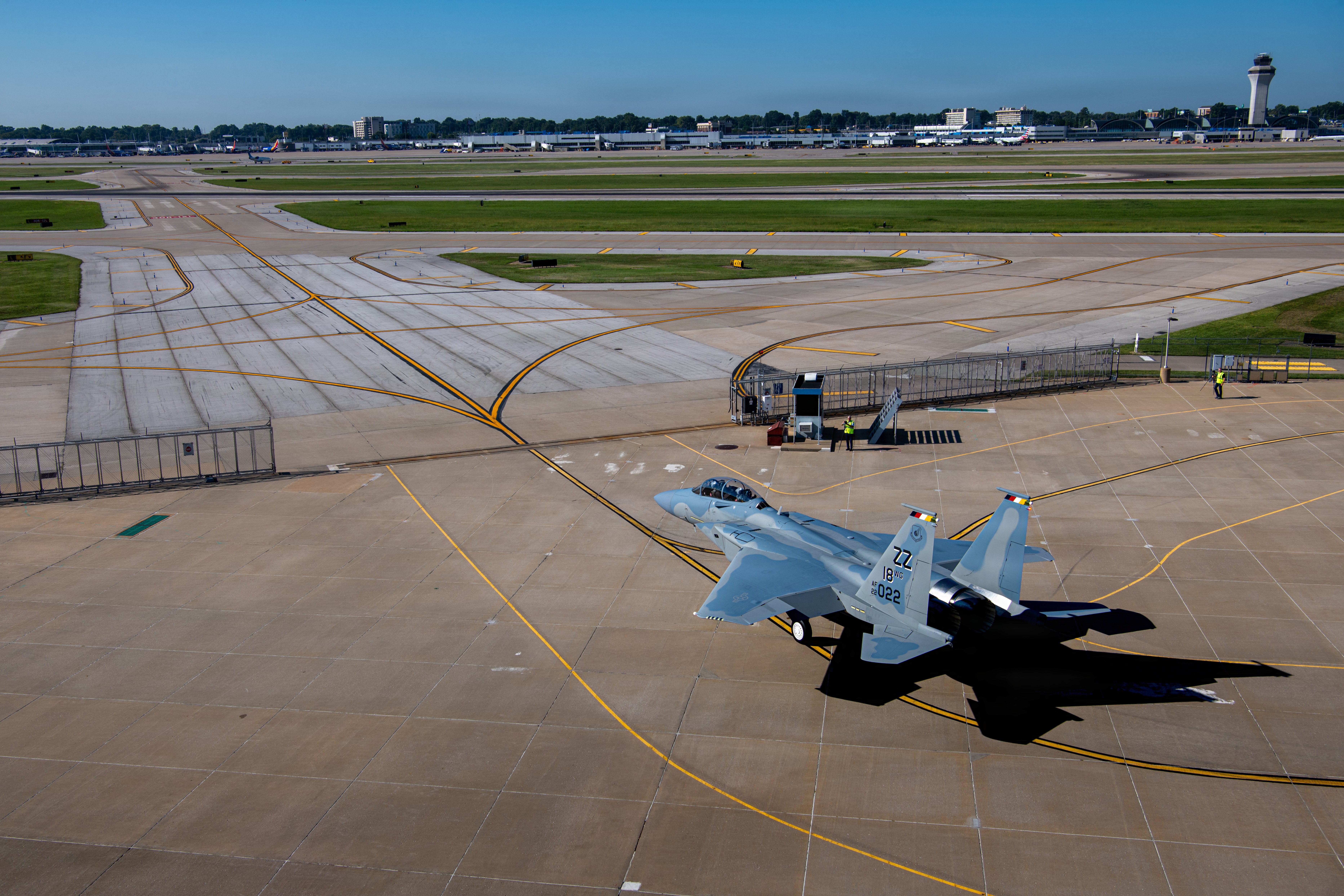 A U.S. Air Force F-15EX Eagle II designated for Kadena Air Base, Japan, taxis at Boeing’s St. Louis facility, Aug. 28, 2026, before departing for Portland Air National Guard Base, Oregon. The milestone brings the 18th Wing another step closer to the permanent stationing of the Air Force’s most advanced iteration of the Eagle platform at Kadena. (U.S. Air Force photo by Senior Airman Melany Bermudez)