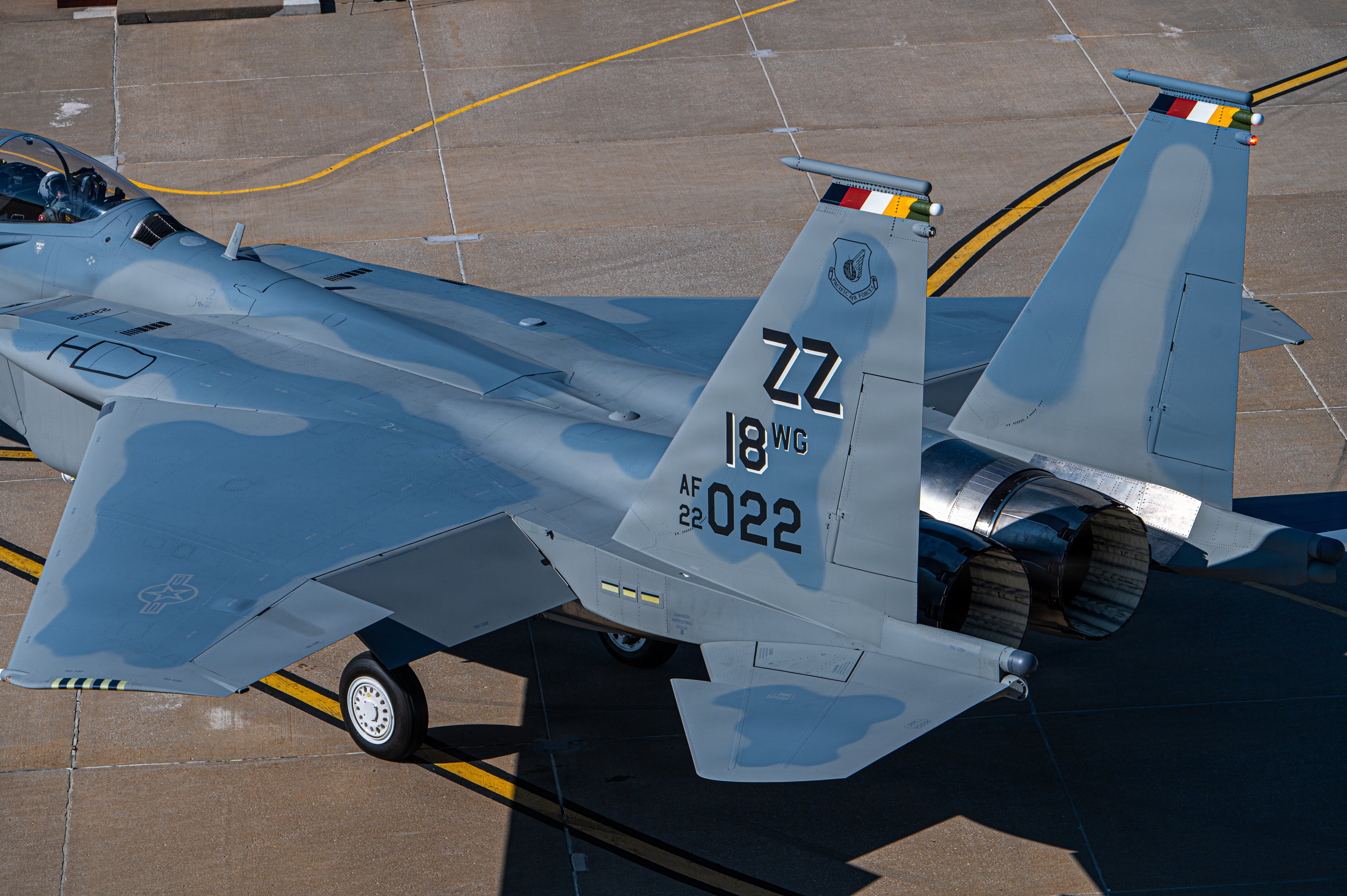 A U.S. Air Force F-15EX Eagle II designated for Kadena Air Base, Japan, is photographed at Boeing’s St. Louis facility, Aug. 28, 2026. Equipped with advanced avionics, radar and electronic warfare systems, the F-15EX represents the latest evolution of the Eagle platform and the modernization of U.S. tactical airpower. (U.S. Air Force photo by Senior Airman Melany Bermudez)