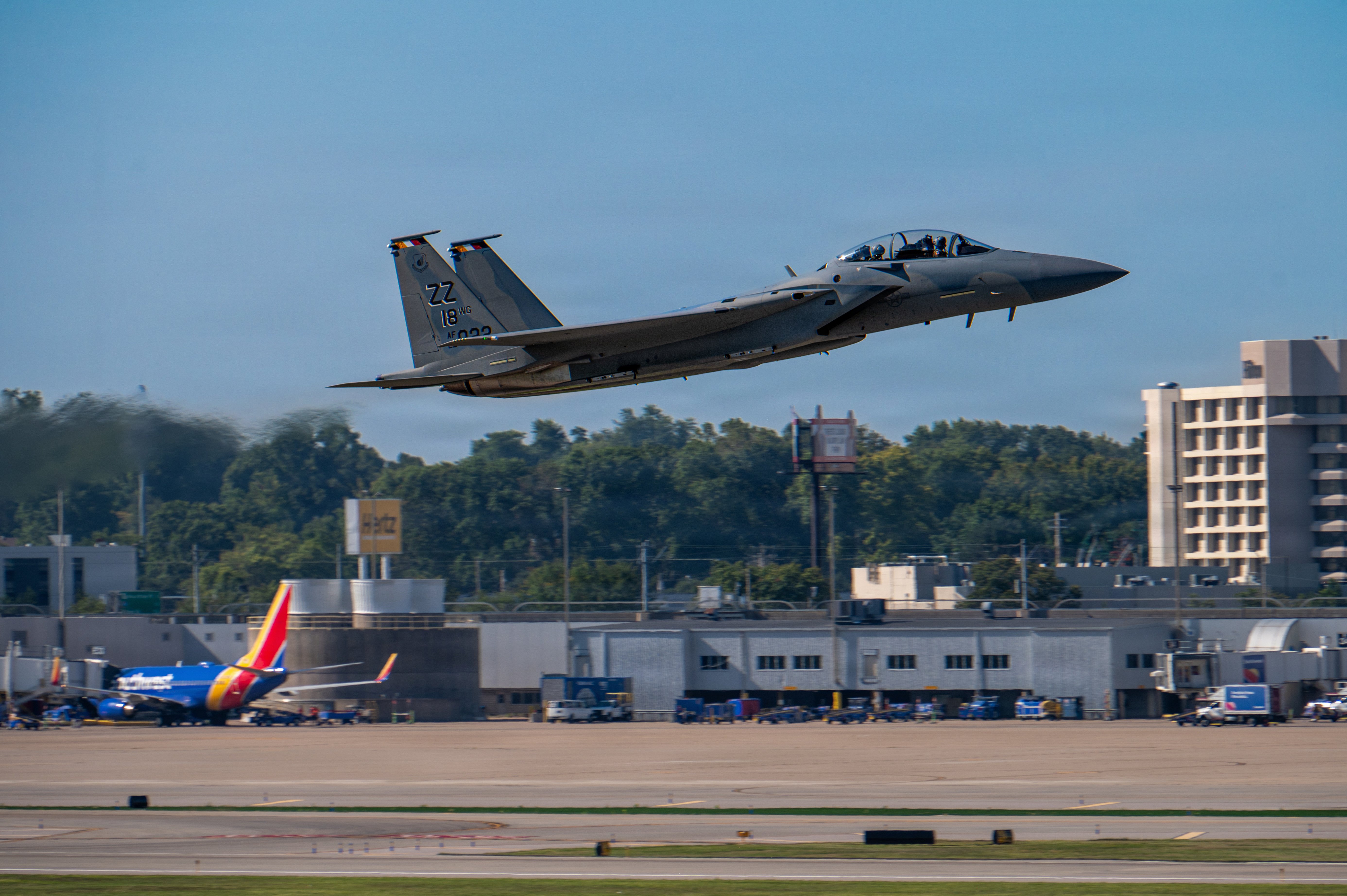 A U.S. Air Force F-15EX Eagle II designated for Kadena Air Base, Japan, flies en route to Portland Air National Guard Base, Oregon, after departing Boeing’s St. Louis facility, Aug. 28, 2026. The F-15EX will modernize Kadena’s permanent fighter force, providing advanced capabilities to strengthen readiness and support the enduring U.S.-Japan defense partnership. (U.S. Air Force photo by Senior Airman Melany Bermudez)