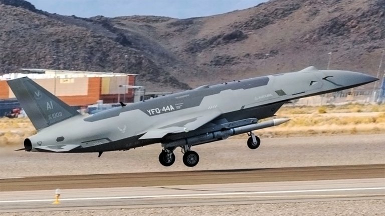 A U.S. Air Force YFQ-44A Fury aircraft, assigned to the Collaborative Combat Aircraft Experimental Operation Unit, takes off for a mission flight during an Agile Combat Employment exercise at Creech Air Force Base, Nevada, July 21, 2026. The flight was part of a broader ACE exercise designed to test the resilience, adaptability, and combat effectiveness of the semi-autonomous fleet. (U.S. Air Force photo by Staff Sgt. Kristal Munguia)