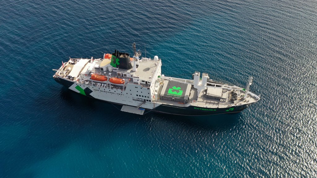 JULY 04: Aerial view of the St Helena transport ship in the sea off Porto Pino during the Sardinia on July 04, 2022. (Photo by Sam Bagnall/LAT Images for Extreme E)