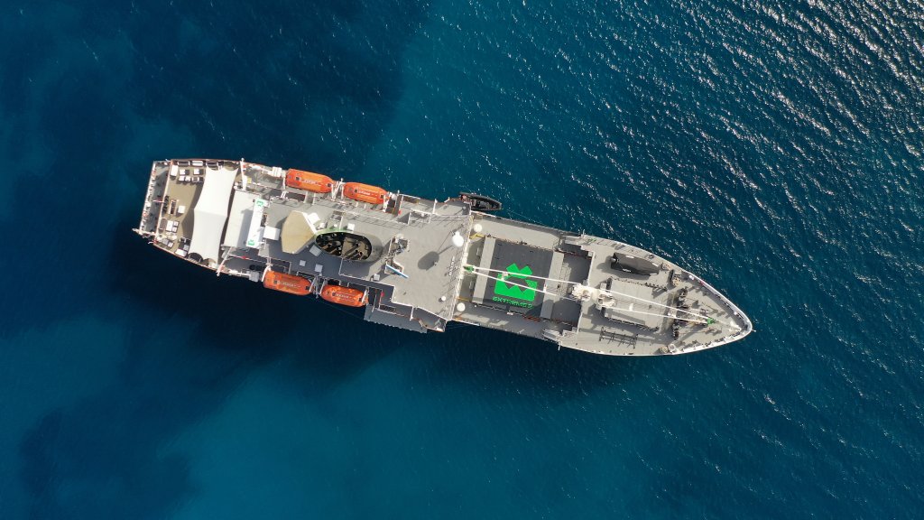 JULY 04: Aerial view of the St Helena transport ship in the sea off Porto Pino during the Sardinia on July 04, 2022. (Photo by Sam Bagnall/LAT Images for Extreme E)