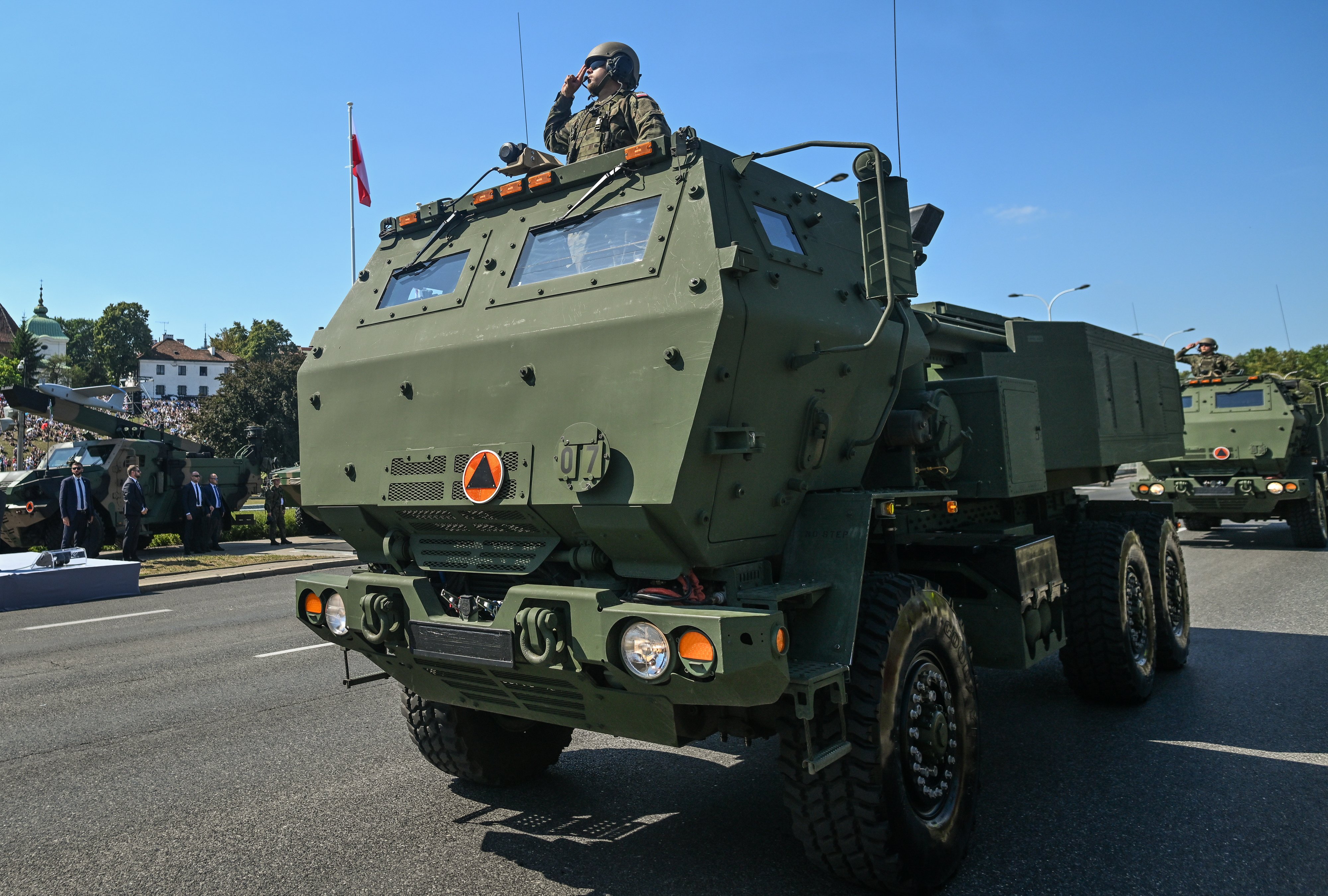 WARSAW, POLAND AUGUST 15: The M142 HIMARS rocket launcher is seen during the Armed Forces Day parade, commemorating Poland's 1920 victory over the Soviet Red Army and marking the 105th anniversary of the Battle of Warsaw, in Warsaw, Poland, on August 15, 2025. The event featured more than 4,000 Polish troops, about 200 soldiers from allied NATO nations, around 300 military vehicles, and nearly 50 aircraft, making it the largest parade in the country's history. (Photo by Artur Widak/NurPhoto via Getty Images)