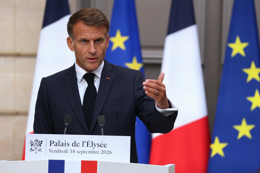 France's President Emmanuel Macron addresses the audience during a press conference following a meeting with candidates for the 2027 presidential election and party leaders focused on the geopolitical situation and its consequences, at the presidential Elysee Palace in Paris on September 18, 2026. Emmanuel Macron requested the preparation of a "plan to protect our critical infrastructure" in the face of "Russian hybrid attacks". (Photo by Thomas SAMSON / POOL / AFP via Getty Images)
