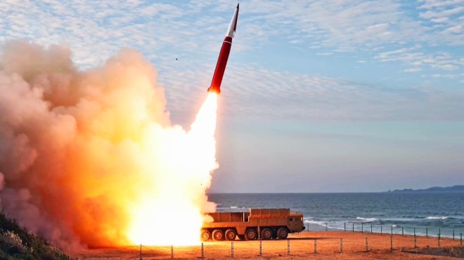 Launch of a Hwasong-11Ma-1 missile from the test facility in Anbyon County, south of Wonsan. 