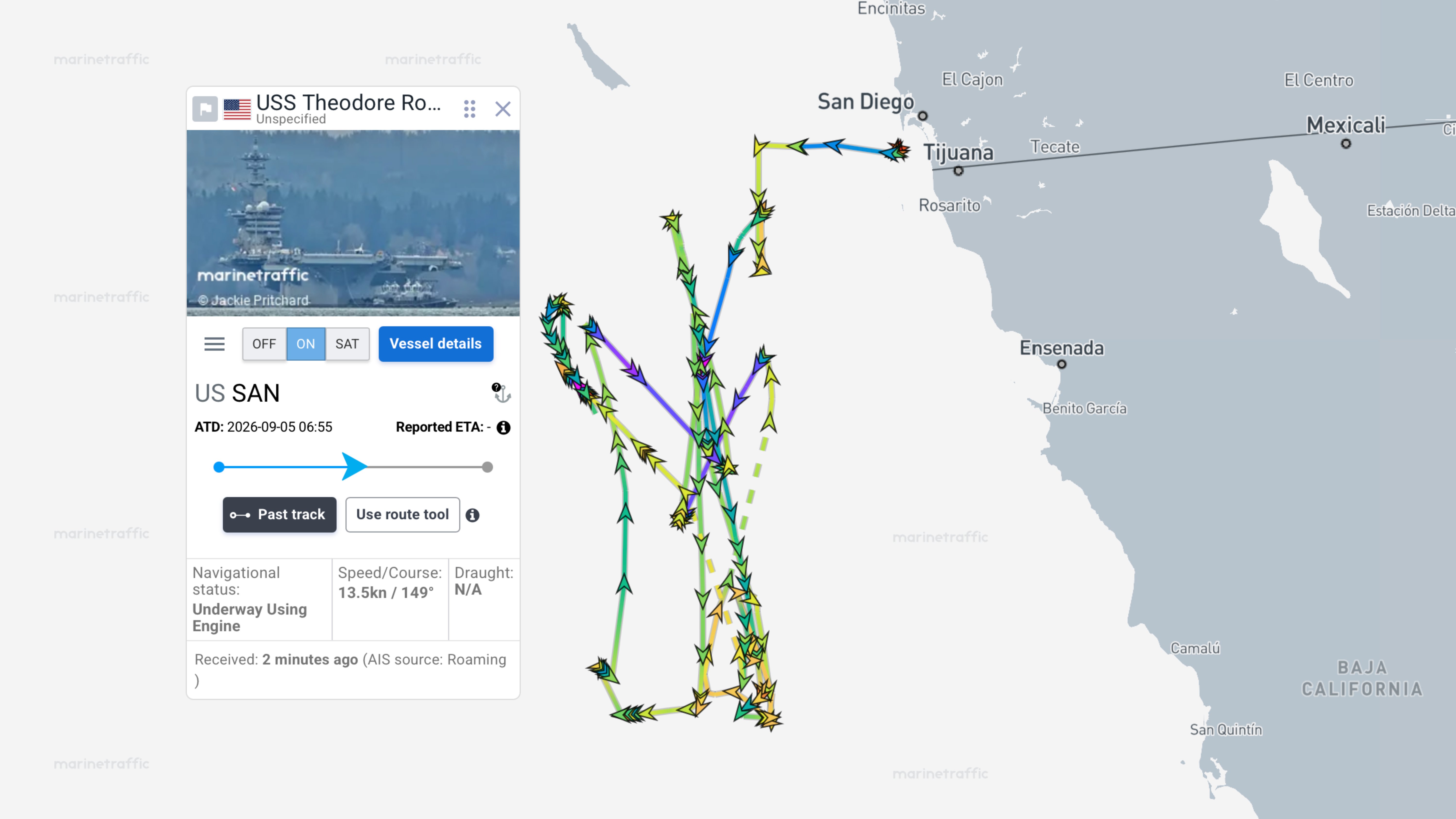 A screenshot shared with permission from Marine Traffic shows the transit of USS Theodore Roosevelt as it completes Carrier Qualification (CQ) training off the west coast. Source: Marine Traffic