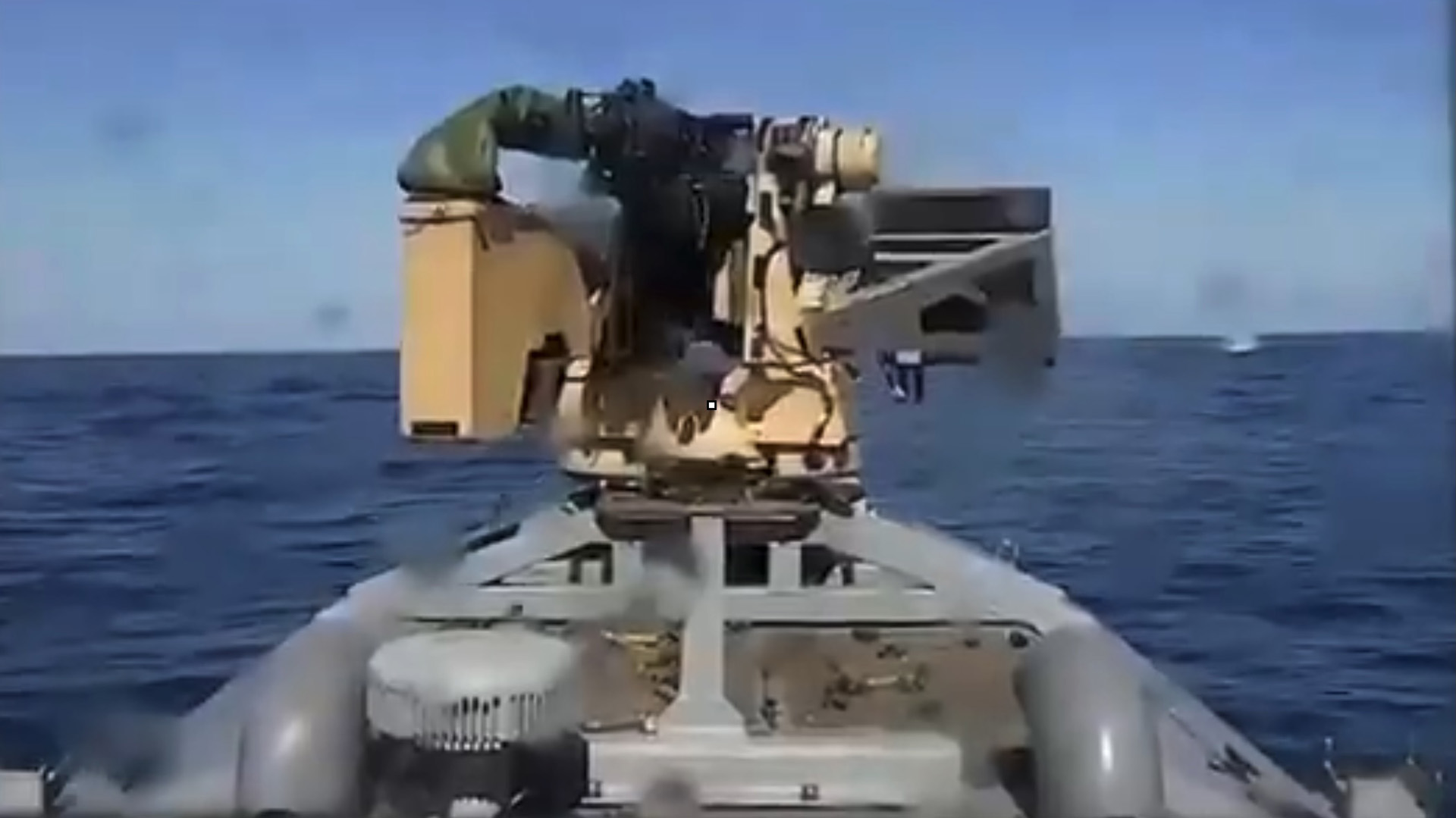 Still from Ukrainian Navy video showing the Sargan-3000 USV engaging a Russian drone boat in the Black Sea