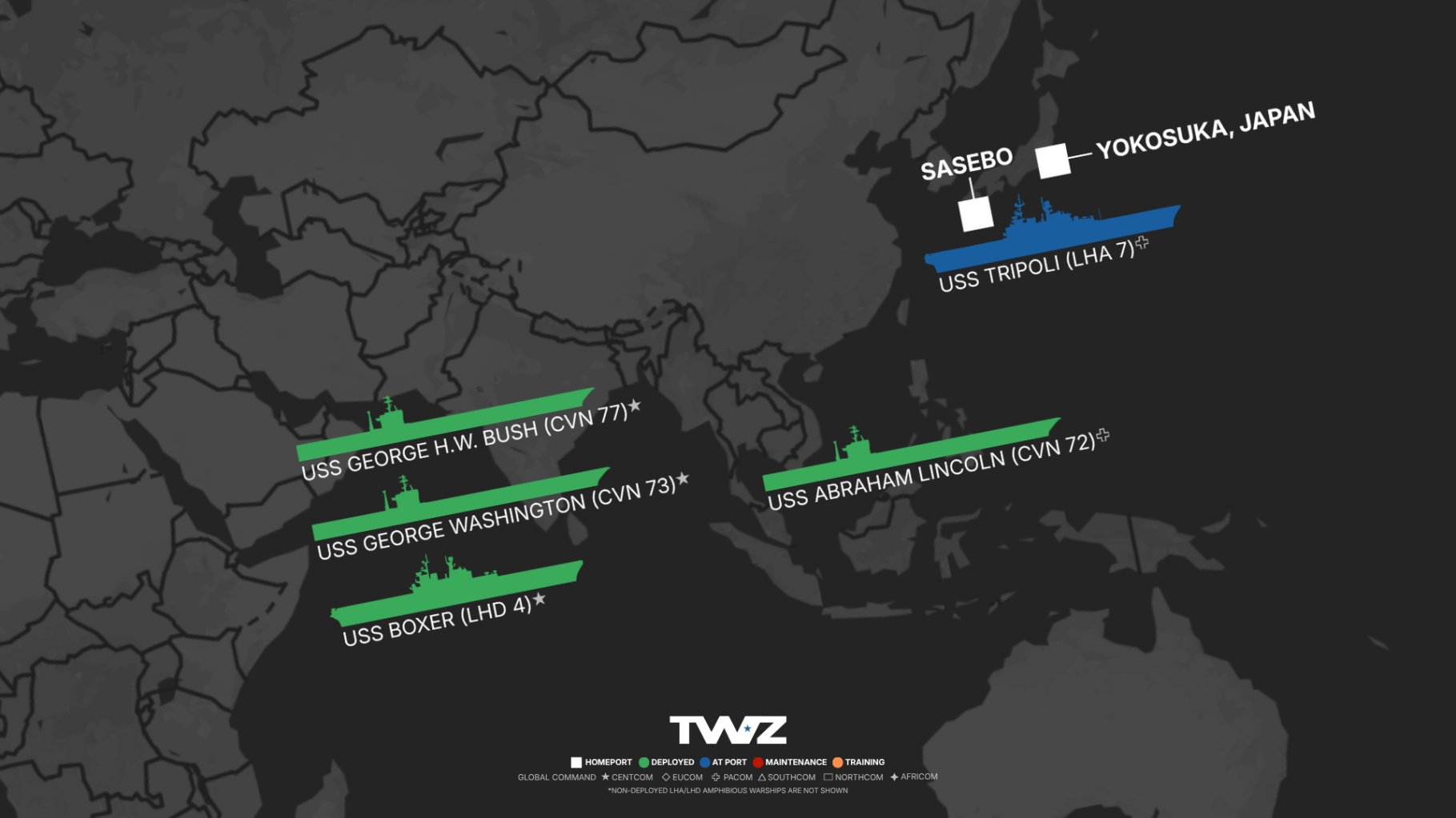TWZ’s weekly carrier tracker monitoring America’s flattop fleet, including deployed Carrier Strike Groups (CSG) and Amphibious Ready Groups (ARG), using publicly available open-source information. Created by Ian Ellis-Jones