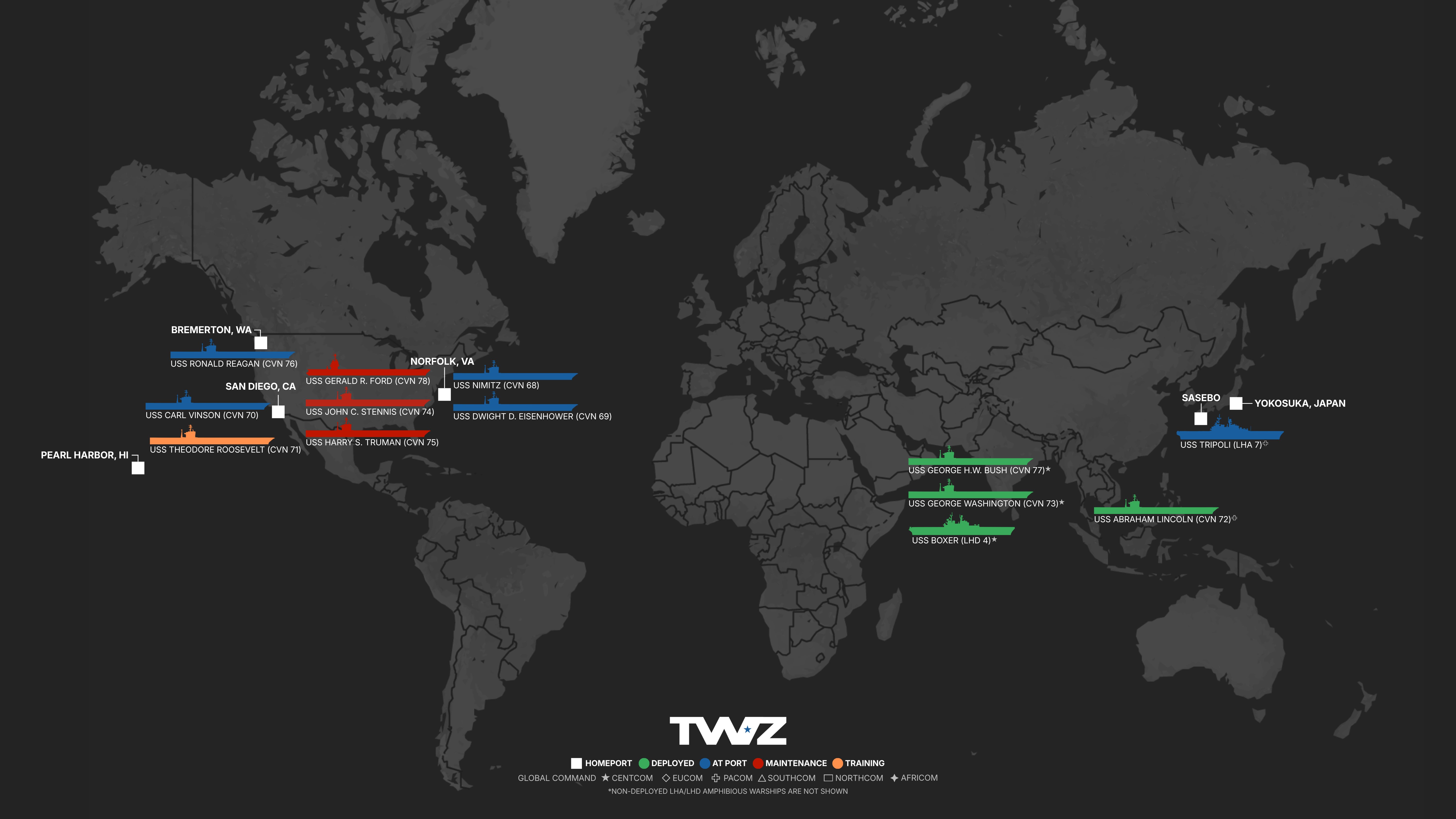 A high-resolution map featuring the United States Navy's deployed aircraft carrier fleet and big-deck amphibious assault ships, updated weekly as of September 9, 2026. Created by Ian Ellis-Jones and TWZ (formerly The War Zone)