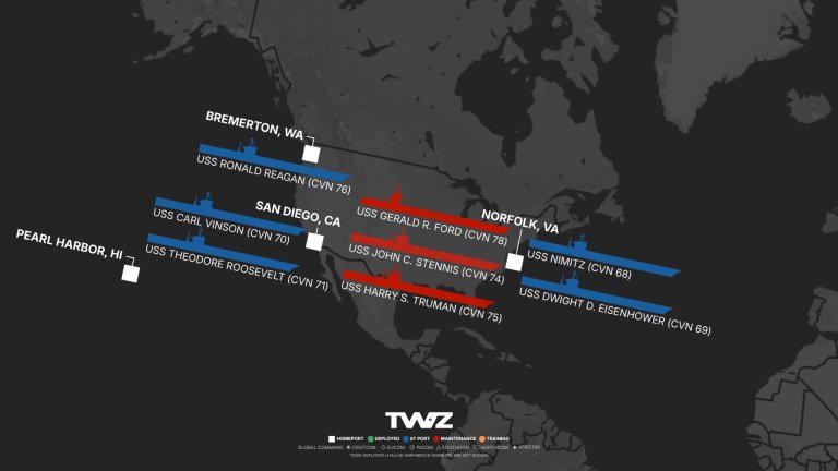 TWZ’s weekly carrier tracker monitoring America’s flattop fleet, including deployed Carrier Strike Groups (CSG) and Amphibious Ready Groups (ARG), using publicly available open-source information. Created by Ian Ellis-Jones and TWZ.