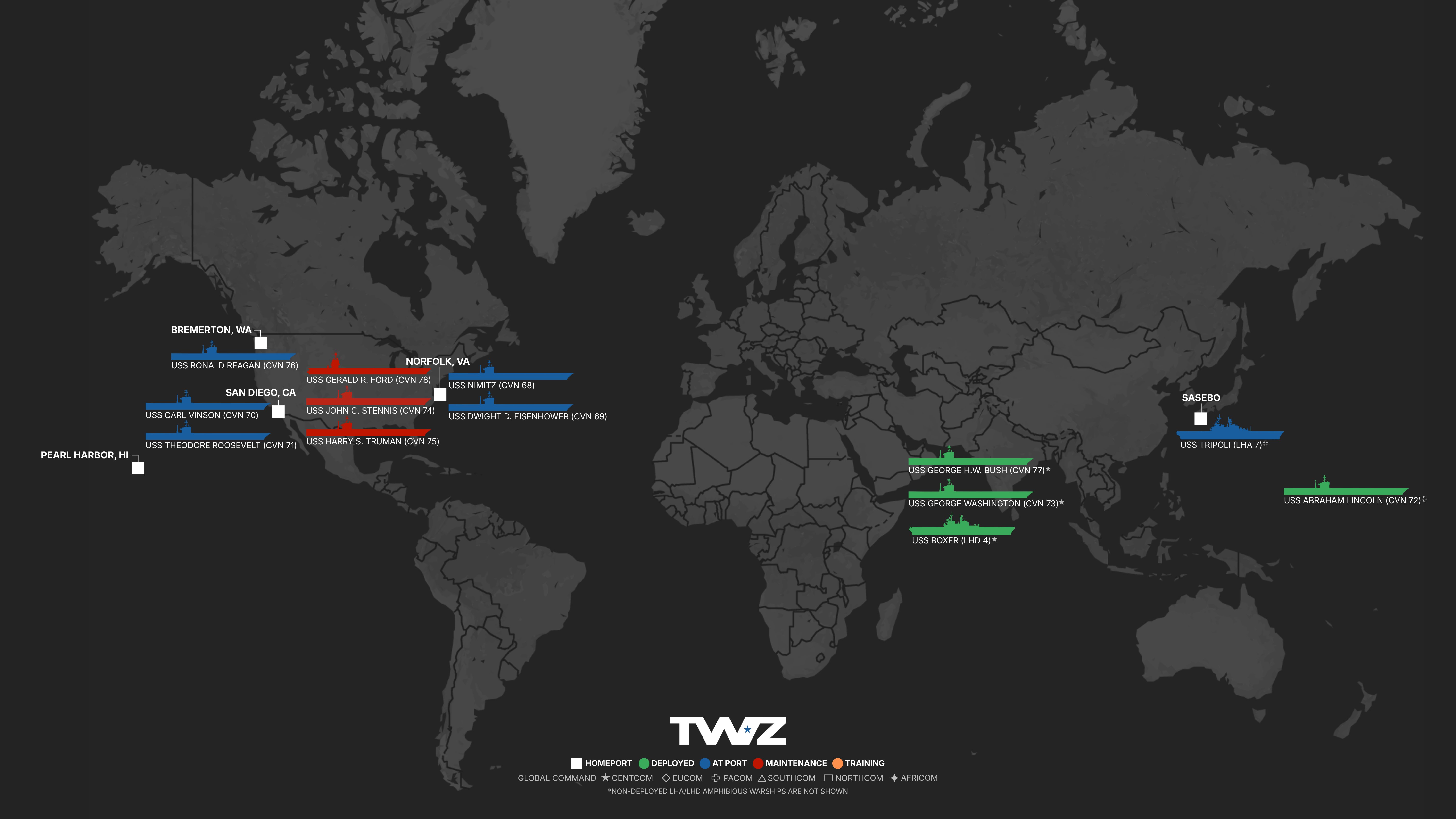 A detailed graphic created by TWZ and Ian Ellis-Jones showing the positions of America's fleet of 11 aircraft carriers and strike groups, as of September 23, 2026.