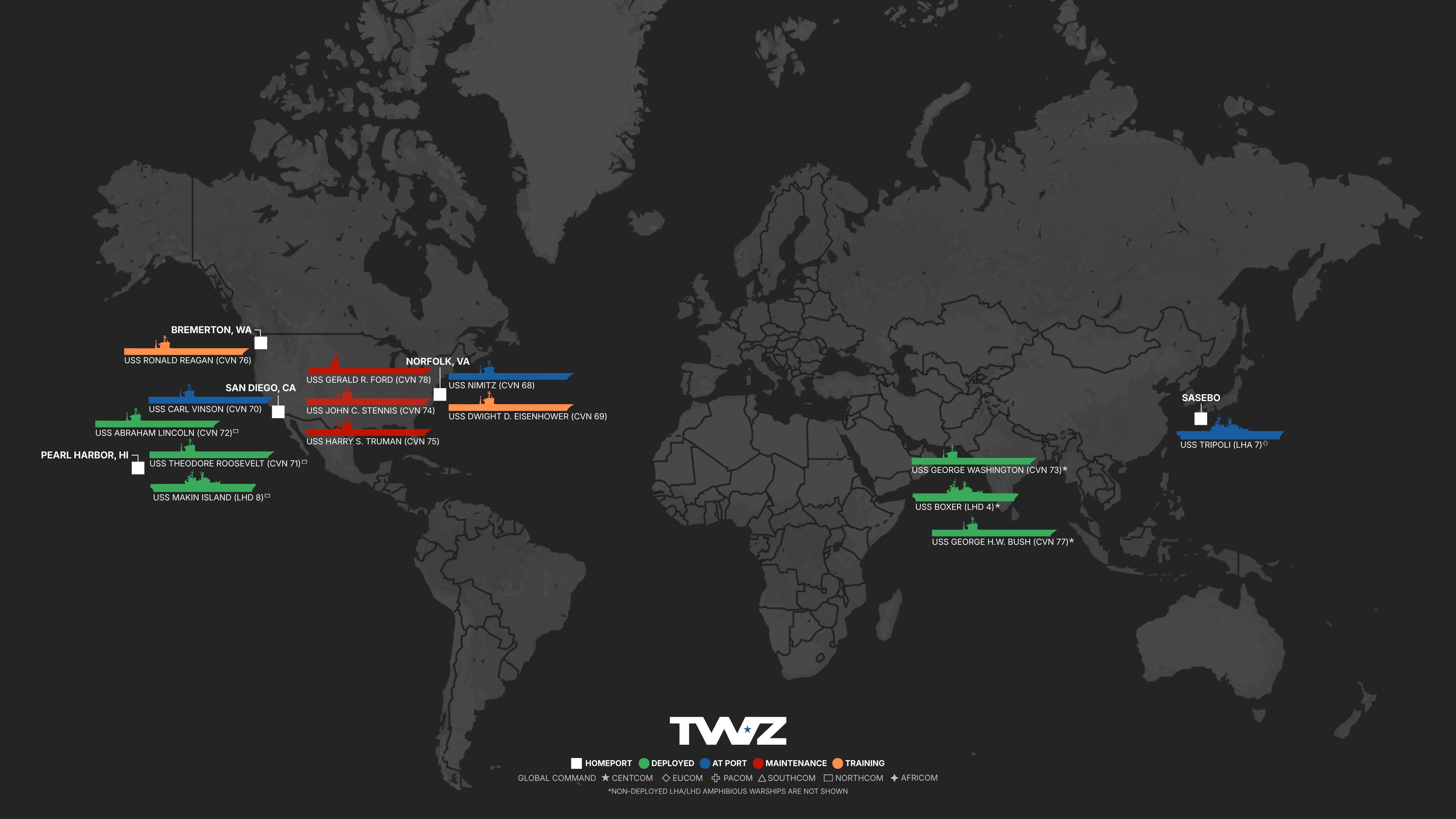 A comprehensive, high resolution graphic showing the location of America's 11 aircraft carriers as well as deployed carrier strike groups and amphibious ready groups. Created by Ian Ellis-Jones and TWZ.