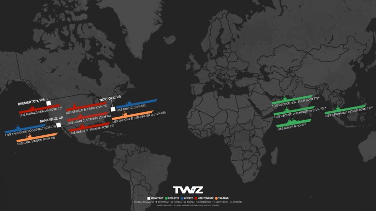 Here's TWZ’s weekly carrier tracker graphic and report monitoring America’s flattop fleet, including deployed Carrier Strike Groups (CSG) and Amphibious Ready Groups (ARG), using publicly available open-source information.