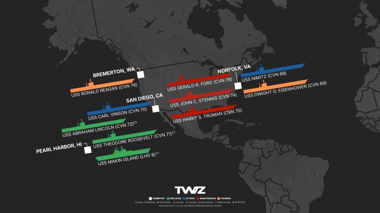 TWZ’s weekly carrier tracker monitoring America’s flattop fleet, including deployed Carrier Strike Groups (CSG) and Amphibious Ready Groups (ARG), using publicly available open-source information. Created by Ian Ellis-Jones and TWZ.