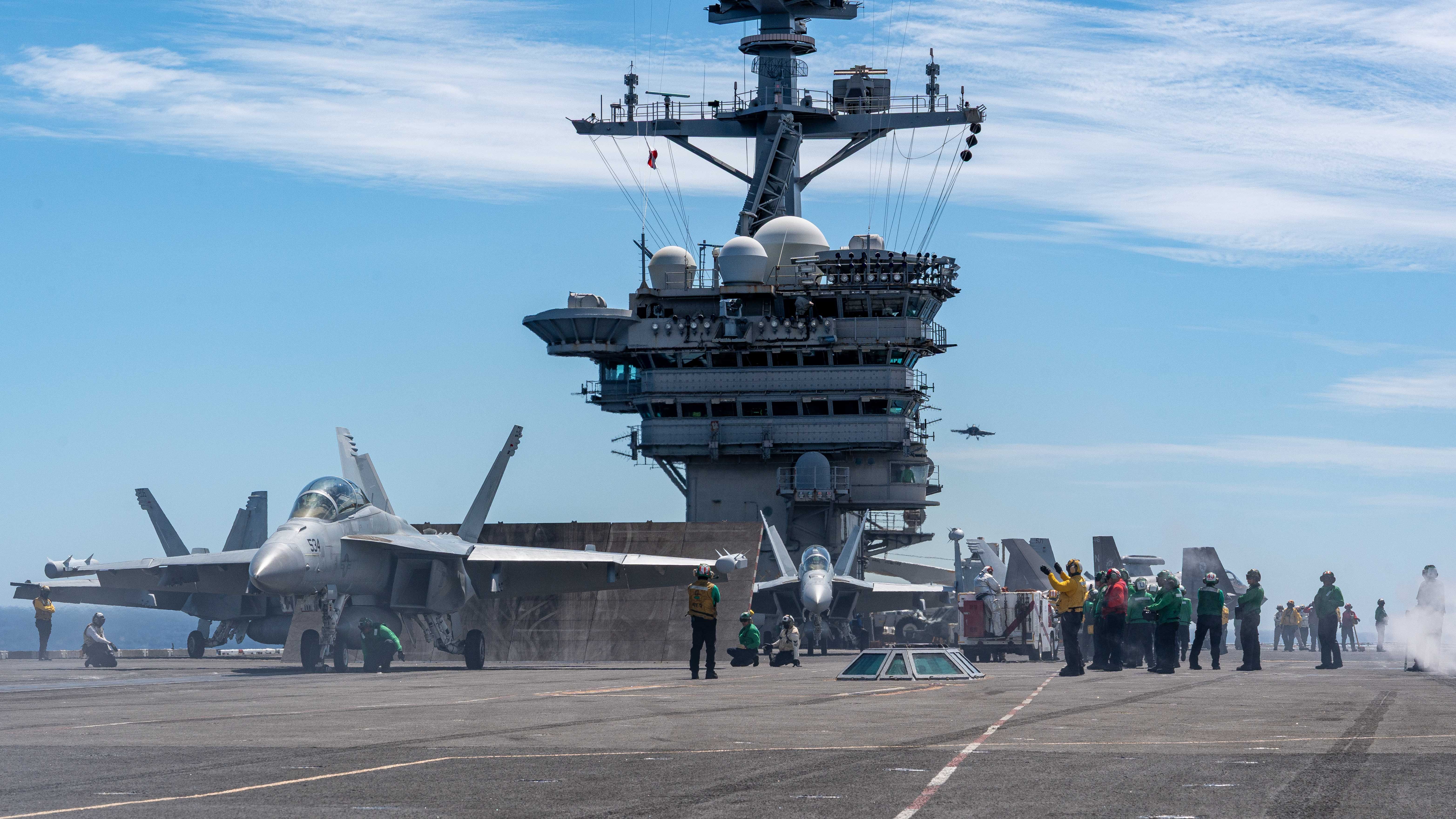 U.S. Navy Sailors conduct flight operations on the flight deck of Nimitz-class aircraft carrier USS Theodore Roosevelt (CVN 71), Sept. 7, 2026. Theodore Roosevelt, flagship of Carrier Strike Group (CSG) 9, is underway in the U.S. 3rd Fleet area of operations conducting advanced training to bolster strike group readiness and capability. (U.S. Navy photo by Mass Communication Specialist 3rd Class Alexander Bussman)