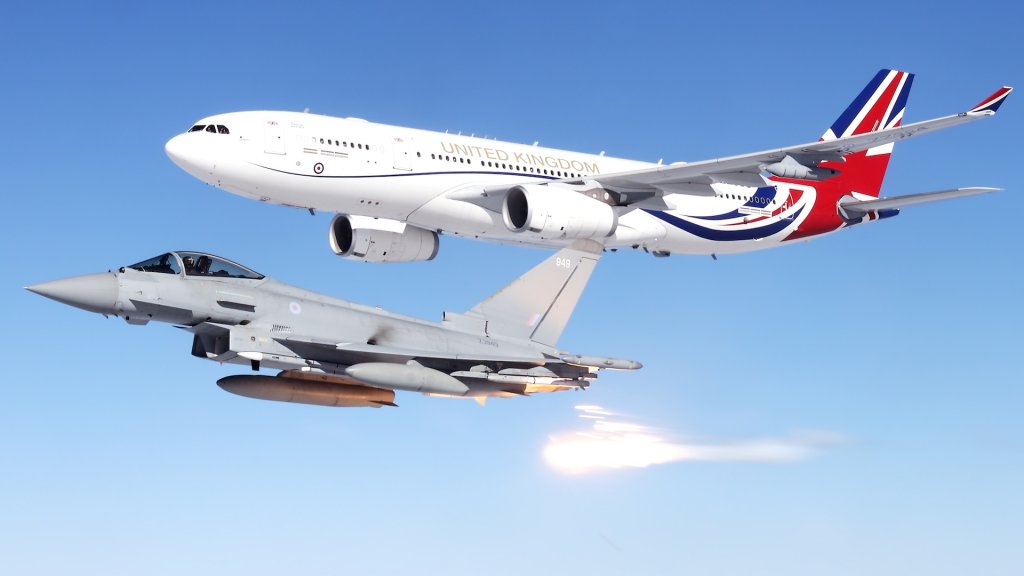 This picture is from a Quick Reaction Alert training scenario. The QRA exercise was conducted 31 March 2026. The purpose of the exercise was to demonstrate the full end-to-end process of the UK's air defence strategy if an actual foreign aircraft was to invade their protected airspace. Upon receiving the alert, the QRA team at RAF Coningsby would launch to RAF Typhoon FGR4's to intercept any unknown aircraft within the protected airspace. In this particular scenario an RAF Voyager A330 (RAF Brize Norton) was acting as the agressor and two RAF Typhoons FRG4 (RAF Coningsby) were responding to the simulated threat. During the exercise the Typhoons intercepted the Voyager and conducted a series of maneouvers whilst communicating with the "foreign" aircraft with the aim of escorting it to a safe location on the ground (RAF Brize Norton) upon which it and it's crew would be guarded and safely inspected by counter-terrorist police. The resulting imagery is to be used for training government ministers on how a QRA works and all the different elements involved. From the initial radar detection of a foreign, unidentified aircraft at the London Area Control Centre, Swanwick, to the physical launch of our QRA team at RAF Coningsby. The RAF use a hose-and-drogue air-to-air refuelling system deployed from Voyager tanker aircraft. Instead of a rigid flying boom, the tanker trails a flexible high-pressure hose attached to a stabilizing basket (drogue), allowing receiver jets like the Typhoon and F-35 to plug in mid-flight. This image shows a Typhoon releasing flares as a warning to the "enemy aircraft".
