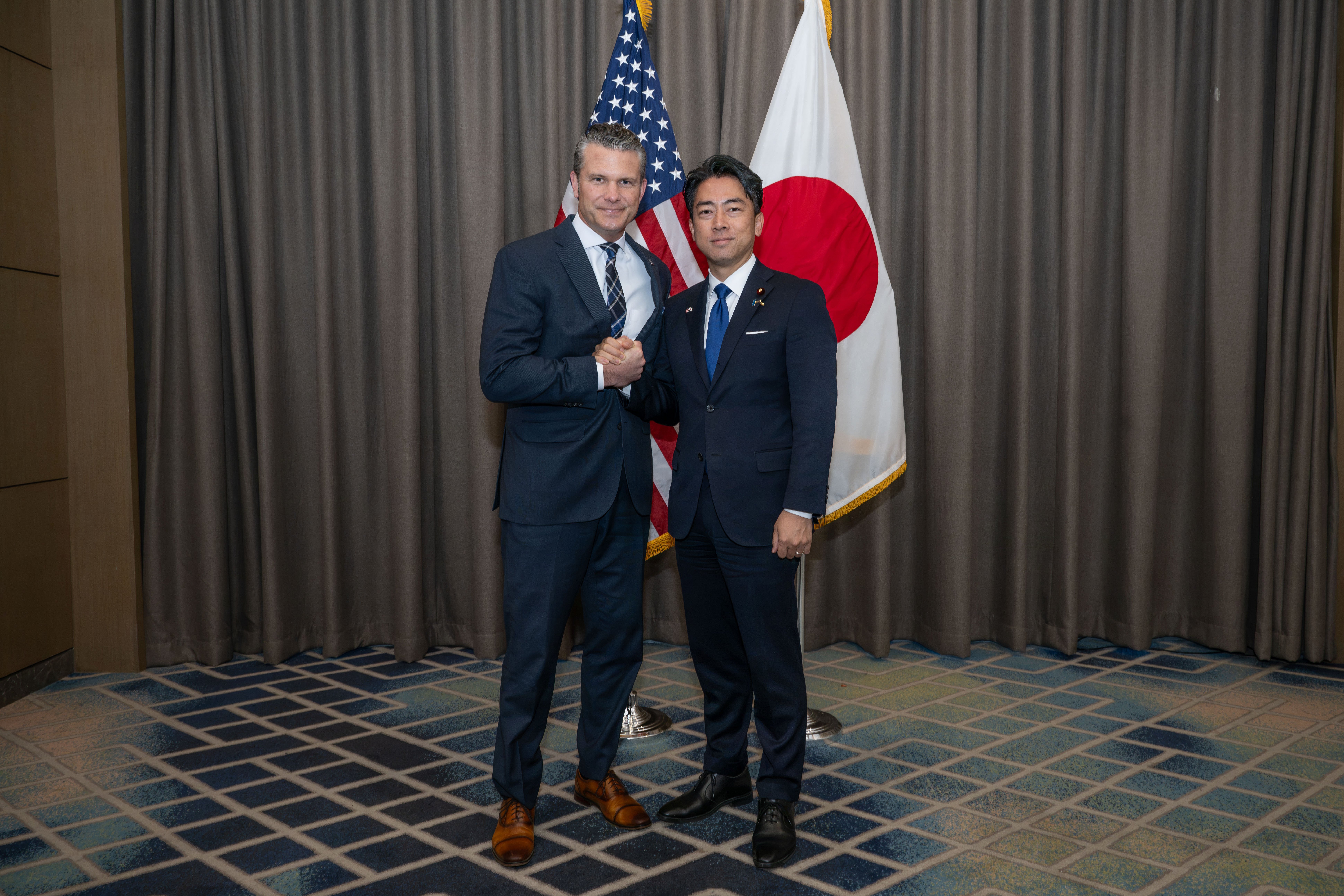 Secretary of War Pete Hegseth shakes hands with Japanese Minister of Defense Shinjirō Koizumi at the the 13th ASEAN Defence Ministers’ Meeting-Plus in Cebu, Philippines, Oct. 28, 2026. ADMM+ is an annual high-level ASEAN engagement that promotes regional peace and stability through dialogue and defense cooperation. (DOW photo by U.S. Air Force Master Sgt. Brycen Guerrero)