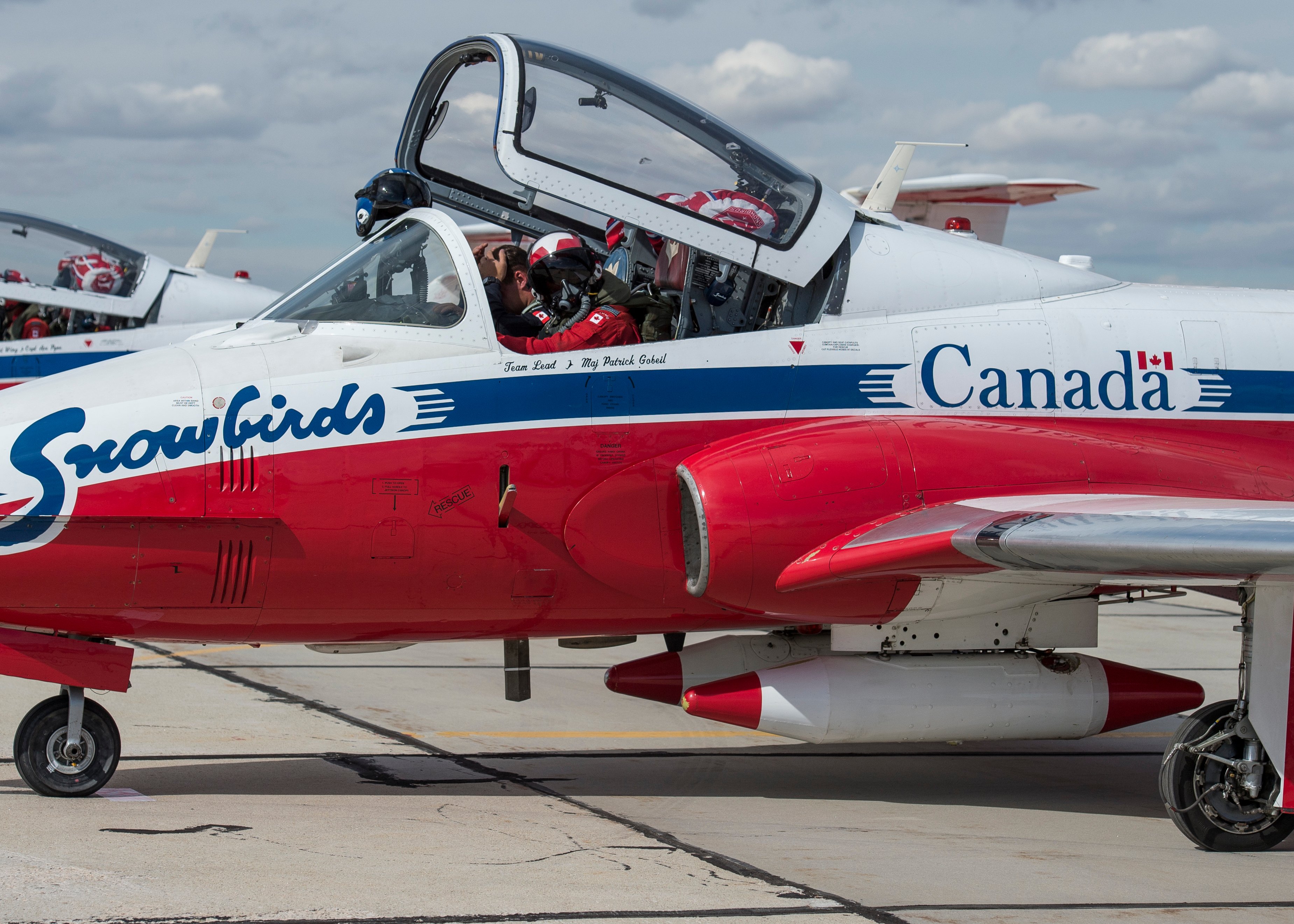 The Royal Canadian Snowbirds taxi at Gowen Field, Boise, Idaho Oct. 12, 2017. The Snowbirds performed during the Gowen Thunder Open House and Airshow. (U.S. Air National Guard photo by Master Sgt. Joshua C. Allmaras)