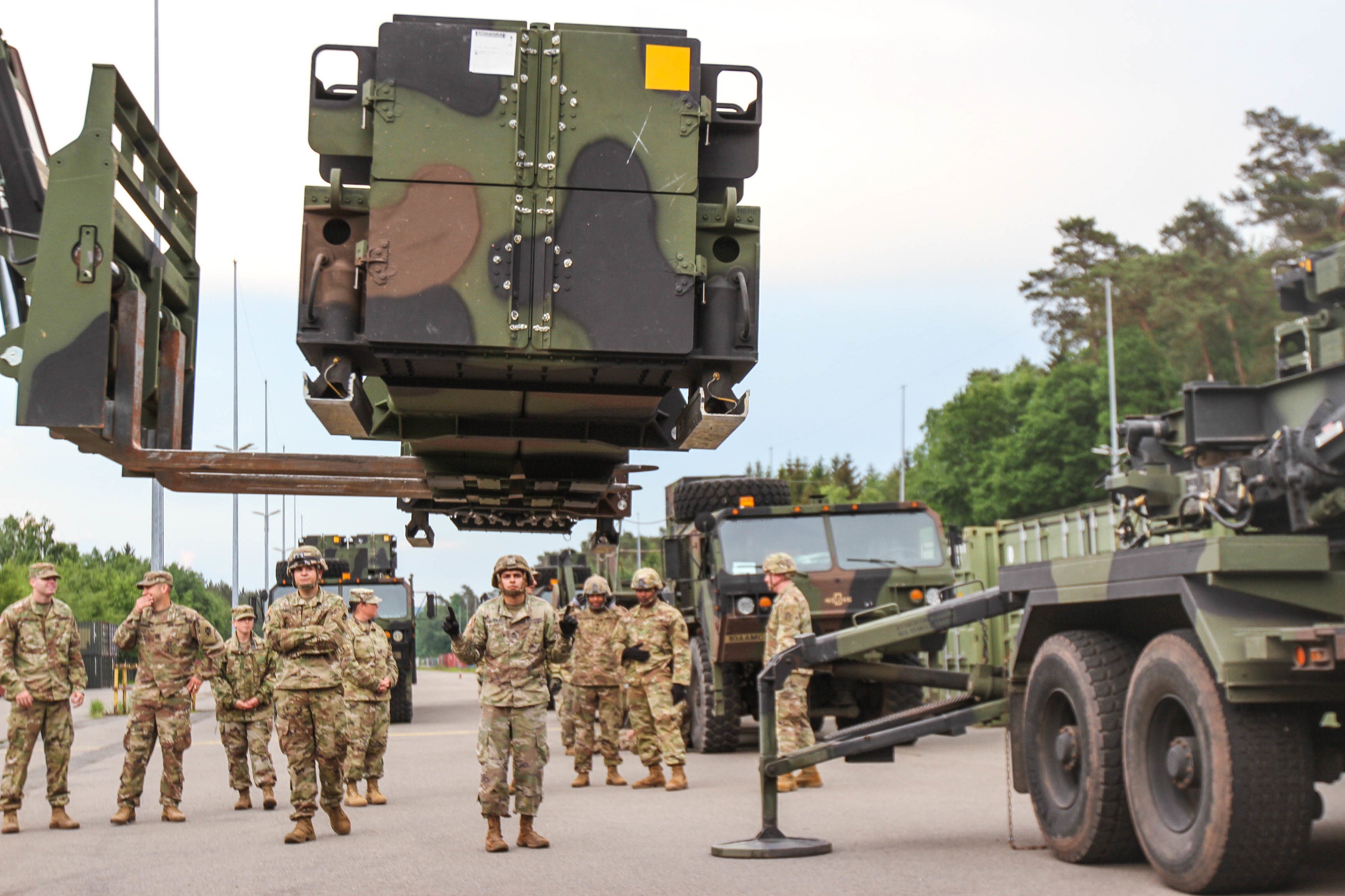 Sgt. Joel Lopez, a Patriot crew member assigned to B Battery, 5th Battalion, 7th Air Defense Artillery Regiment, guides a Patriot PAC 3 Interceptor for load out at Miesau Army Depot, Germany May 22. Saber Strike is a long-standing U.S. Army Europe-led cooperative training exercise that helps facilitate cooperation amongst the U.S., Estonia, Latvia, Lithuania, Poland and allied and partner nations.