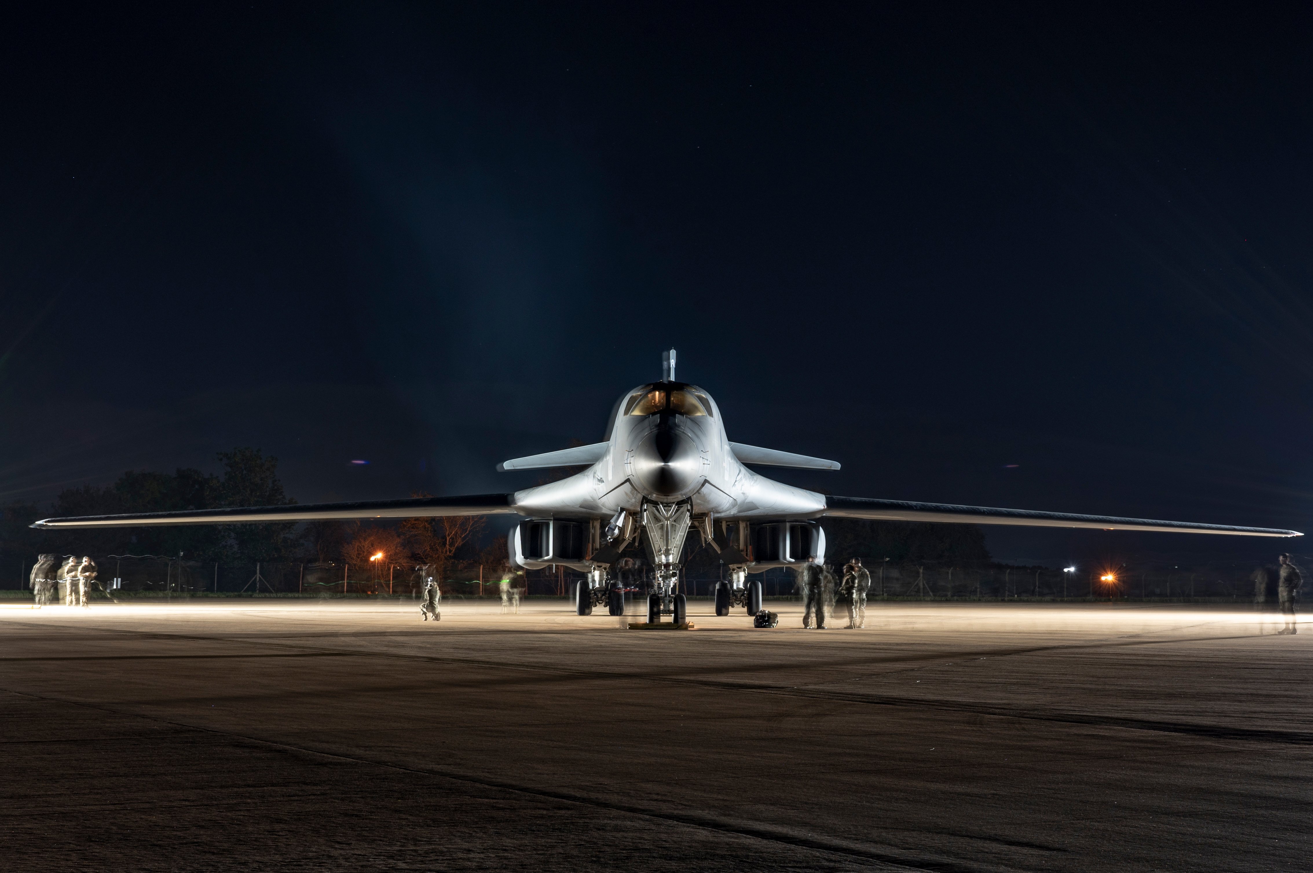 A B-1B Lancer assigned to the 9th Expeditionary Bomb Squadron parks on the flightline at RAF Fairford, United Kingdom, Oct. 26, 2023. Bomber Task Force missions are representative of the U.S. commitment to our Allies and partners and enhance regional security. (U.S. Air Force Photo by Senior Airman Ryan Hayman)