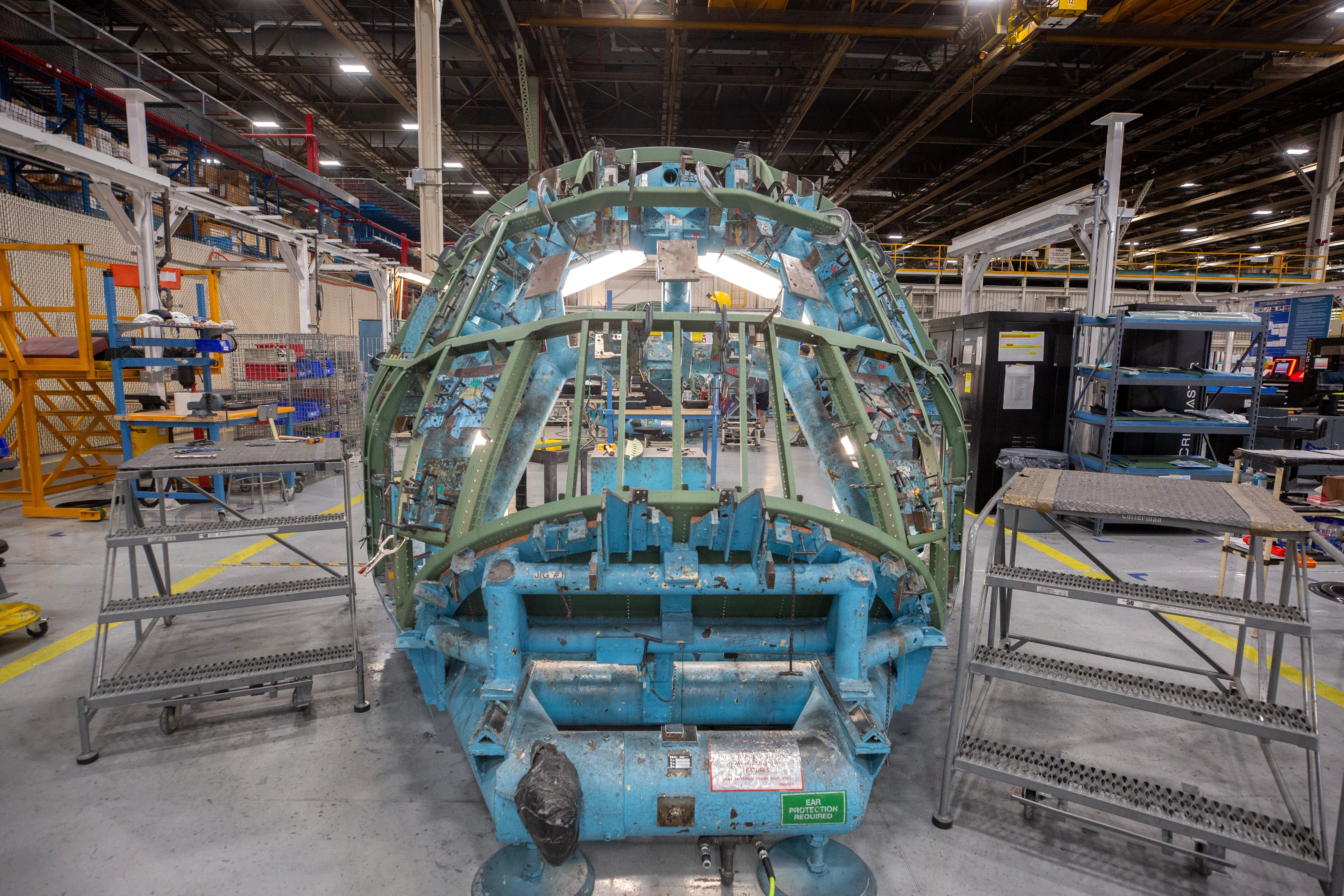 A sneak peak at the first C-130J-30 Super Hercules aircraft being built by Lockheed Martin Corp. for the U.S. Navy’s E-130J program. This aircraft – the first of three – is slated to be delivered to the government in 2026 for modification into an E-130J Engineering Development Model. The E-130J, formerly called E-XX, will be the successor to the E-6B Mercury for the Take Charge and Move Out (TACAMO) mission, which connects the president, secretary of defense and U.S. Strategic Command with the United States’ nuclear triad. The U.S. Navy’s Airborne Strategic Command, Control and Communications Program Office (PMA-271) is leading the TACAMO Recapitalization Program and is scheduled to award the Engineering and Manufacturing Development contract during the first quarter of 2025. (Photo by David L. Key, Lockheed Martin)
