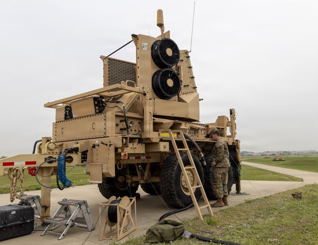 U.S. Army Pvt. Nathaniel Mullins, assigned to the 35th Air Defense Artillery Brigade, analyzes a Sentinel A4 air and missile defense radar during a training exercise at Camp Humphreys, South Korea, April 22, 2026. The training highlighted Eighth Army’s continued modernization efforts by preparing Soldiers to operate the new radar system. (U.S. Army photo by Cpl. Luciano Alcala)