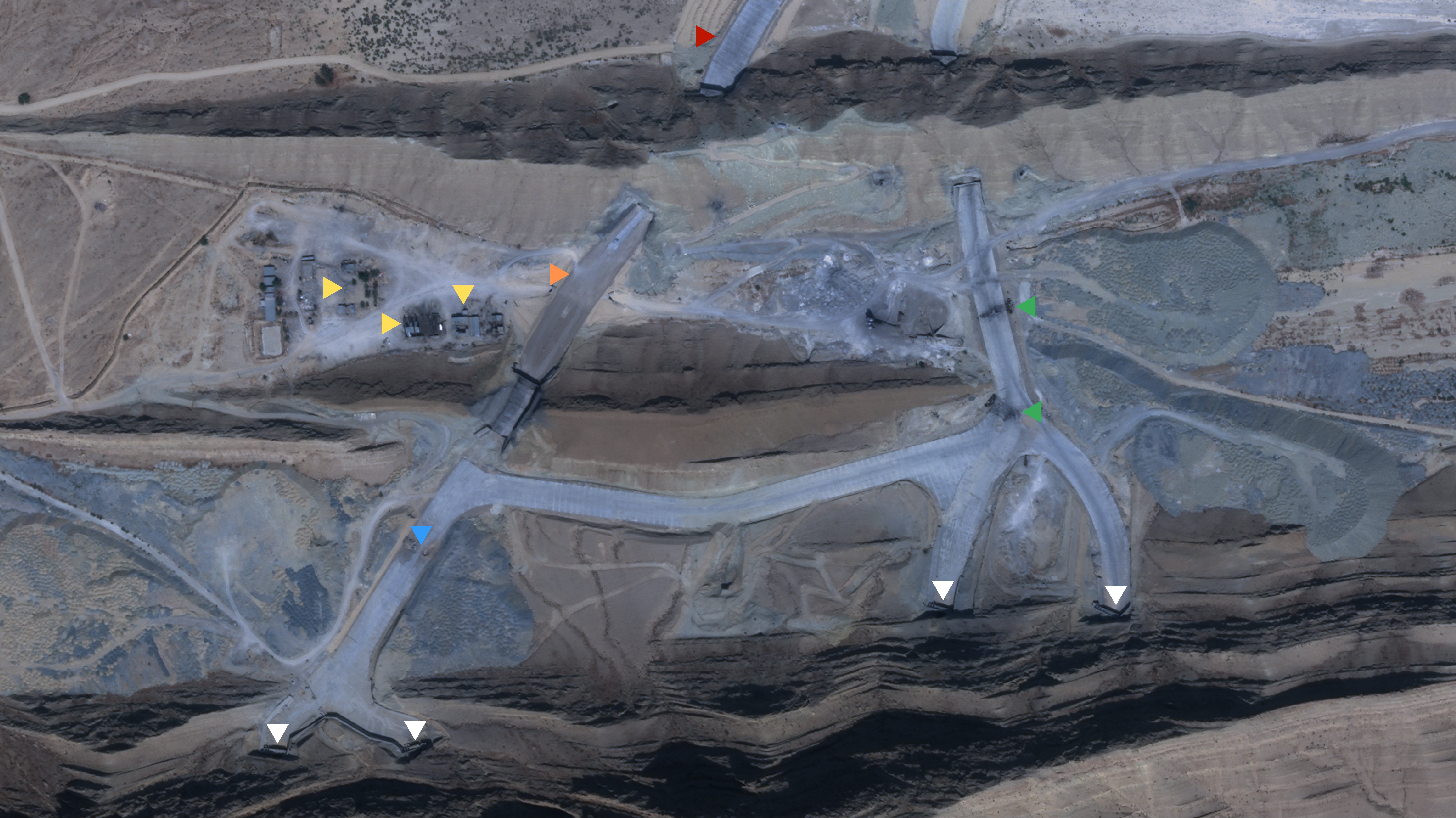 Custom annotated graphic of Iran's Eagle 44 underground airbase built into the side of a mountain following likely U.S. Airstrikes. Created by Ian Ellis-Jones and TWZ using Planet Labs imagery, reprinted with permission.