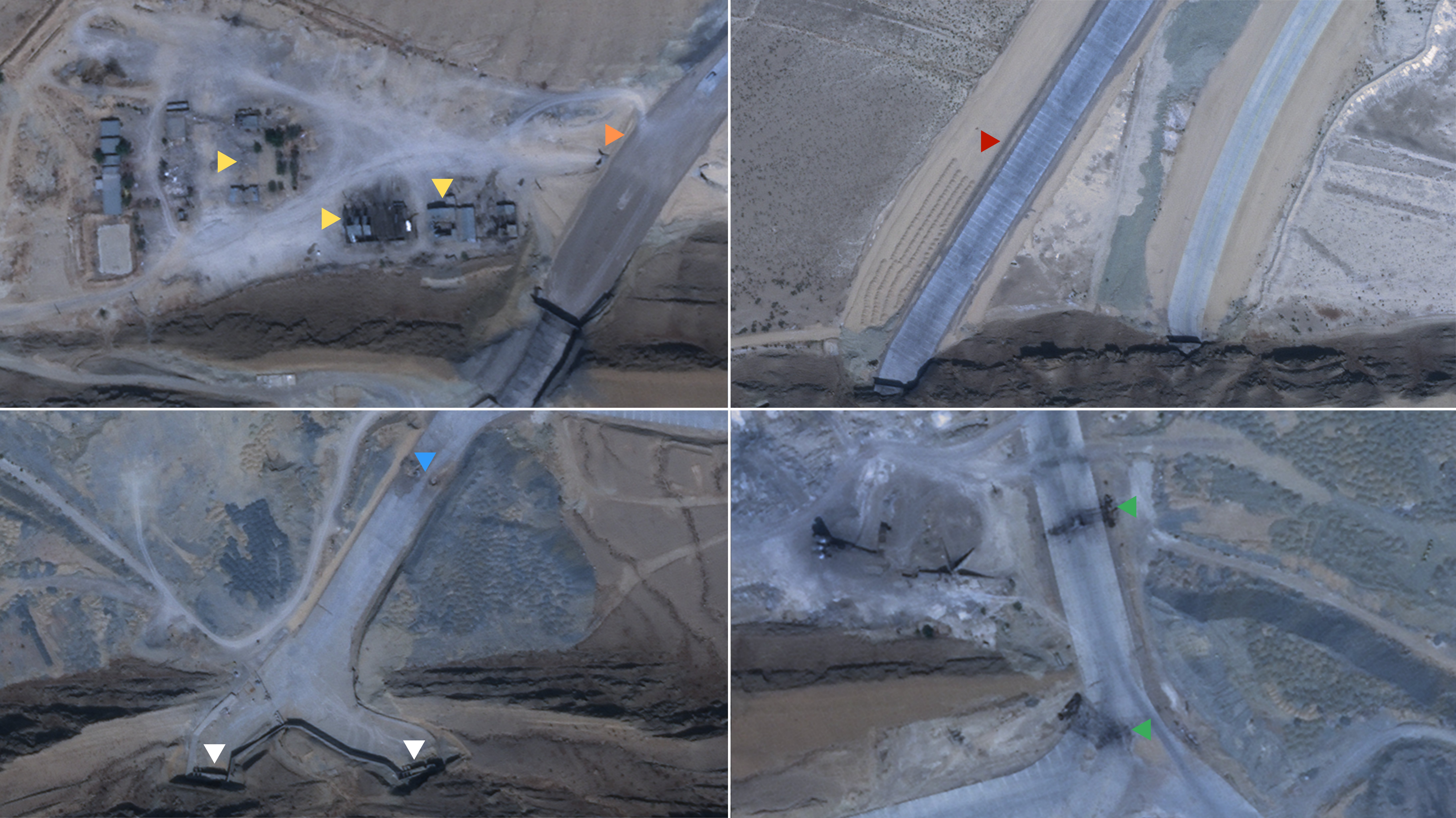 A close-up custom annotated visualization of key areas of interest at Iran's Eagle 44 airbase, which is built into the side of a mountain, following likely attacks by the U.S.. Created by Ian Ellis-Jones and TWZ using Planet Labs imagery, reprinted with permission.